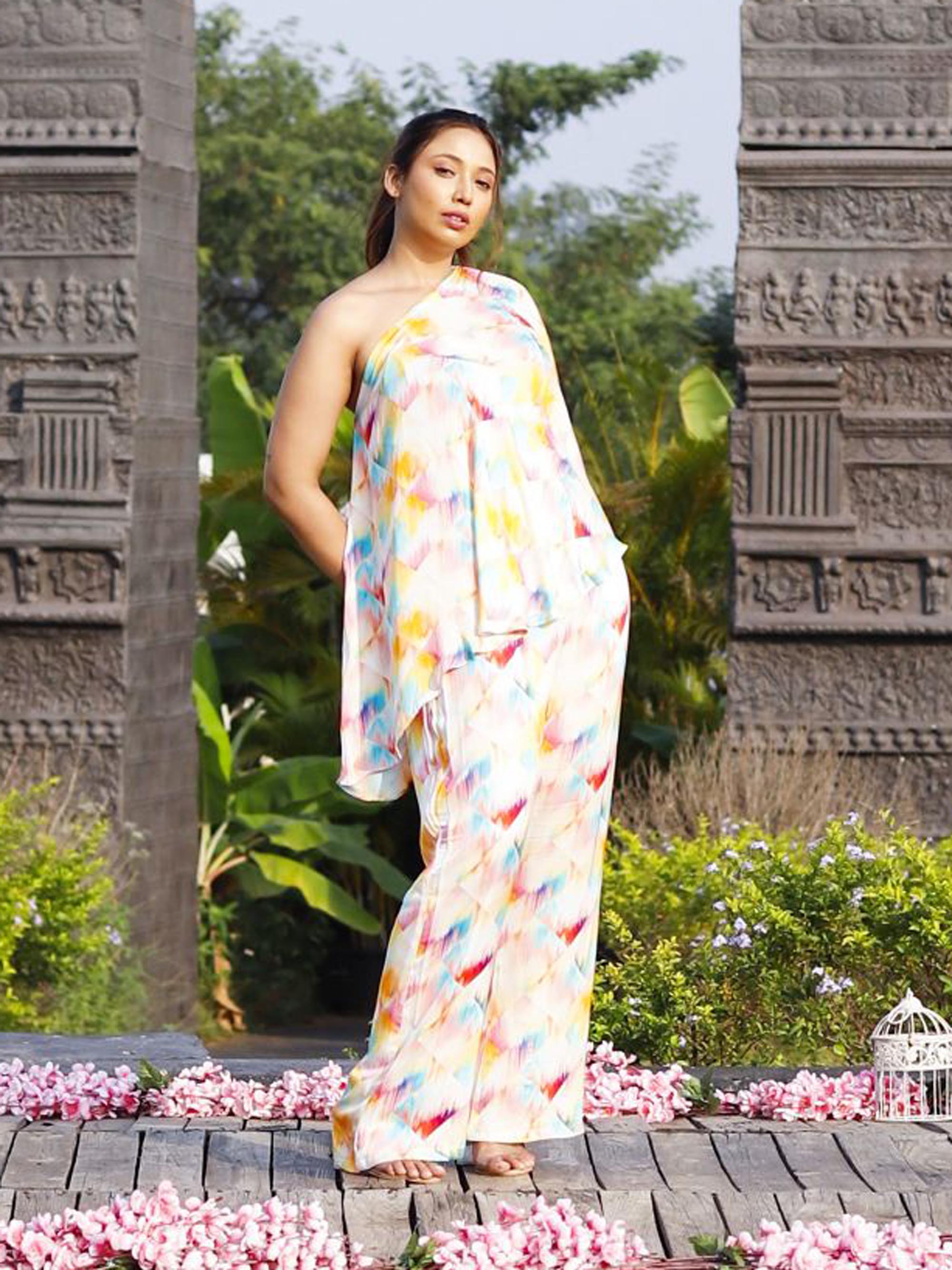 One Shoulder Multi Color Printed Co-ord Set