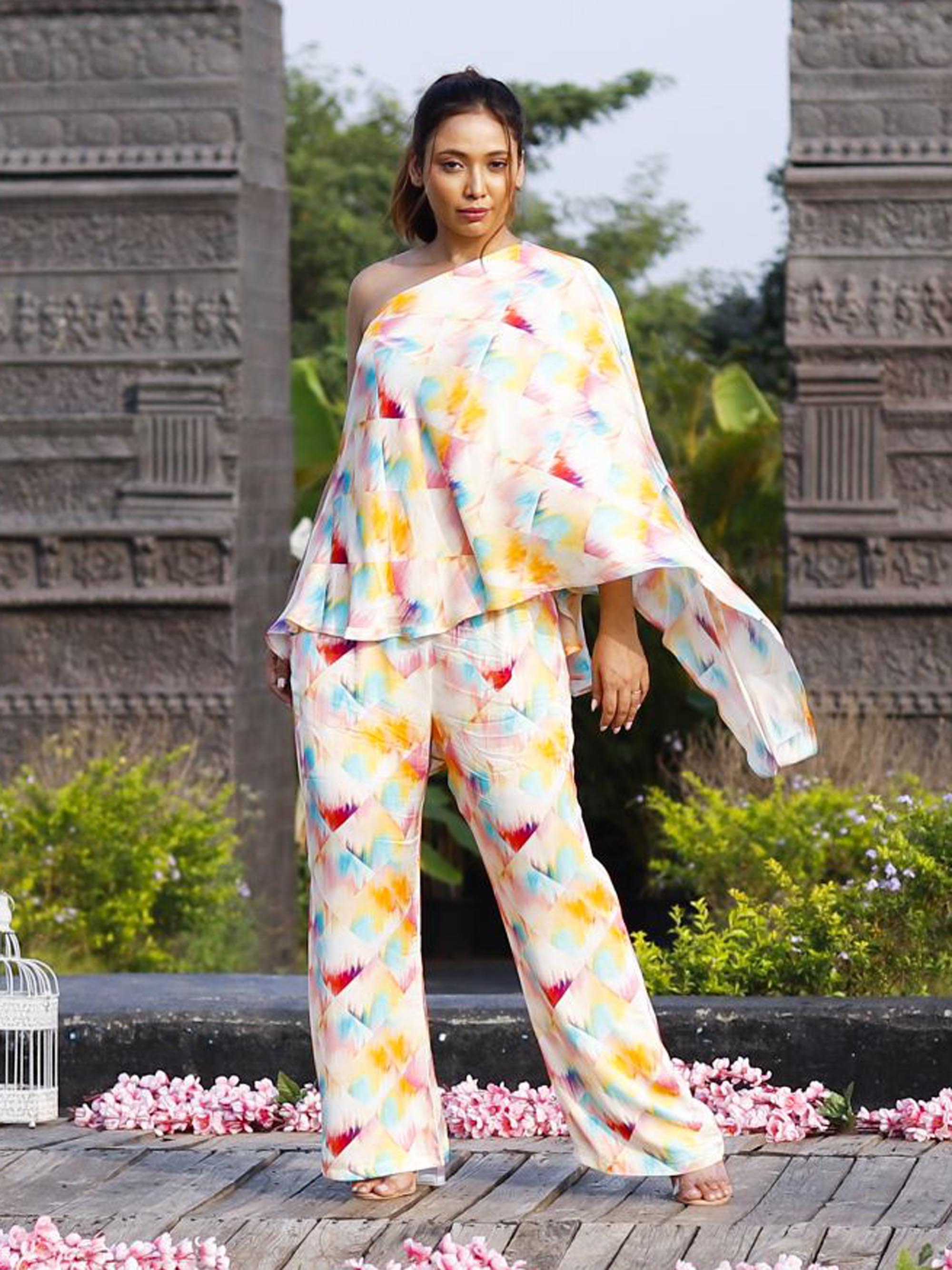 One Shoulder Multi Color Printed Co-ord Set