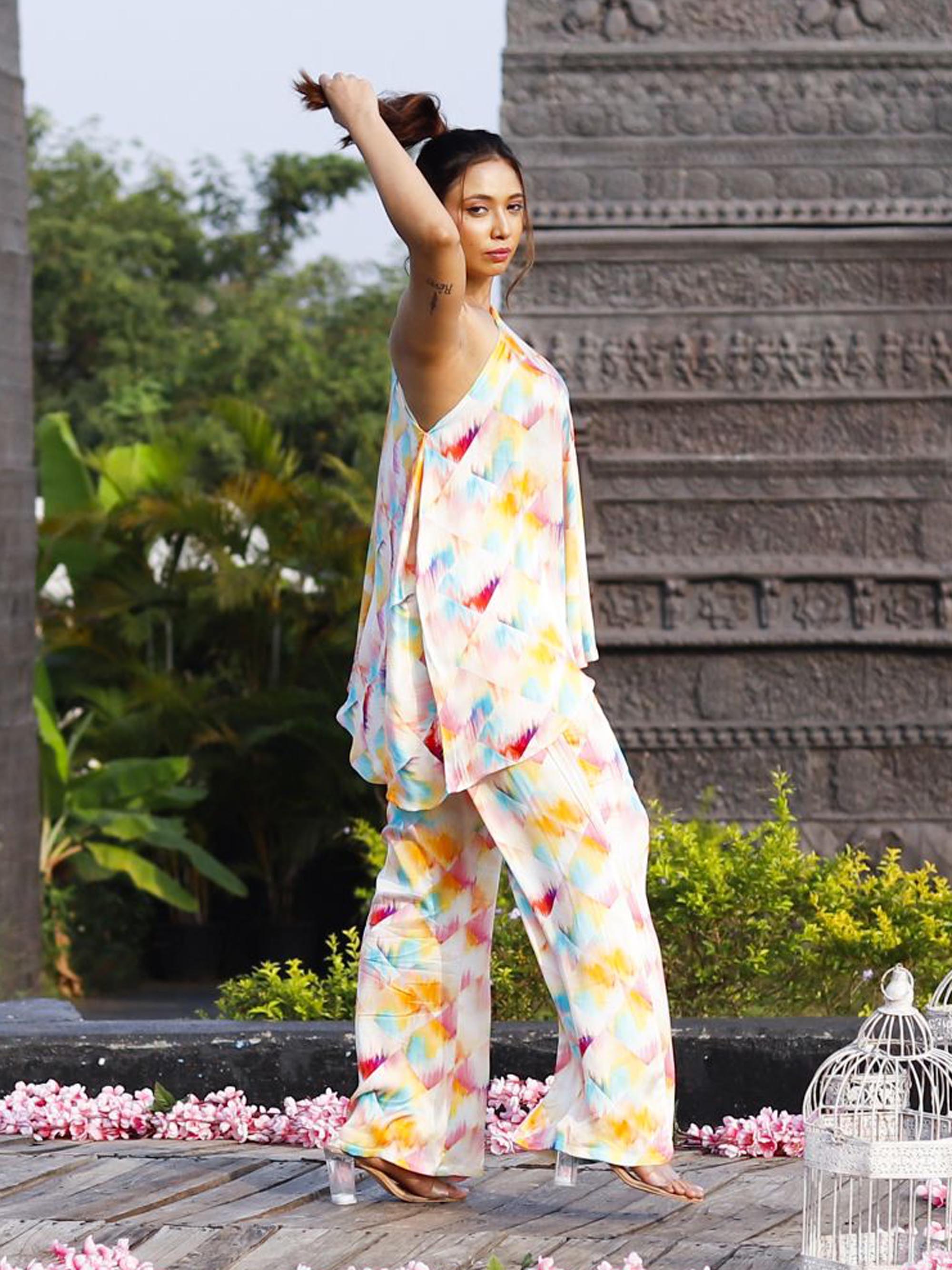 One Shoulder Multi Color Printed Co-ord Set