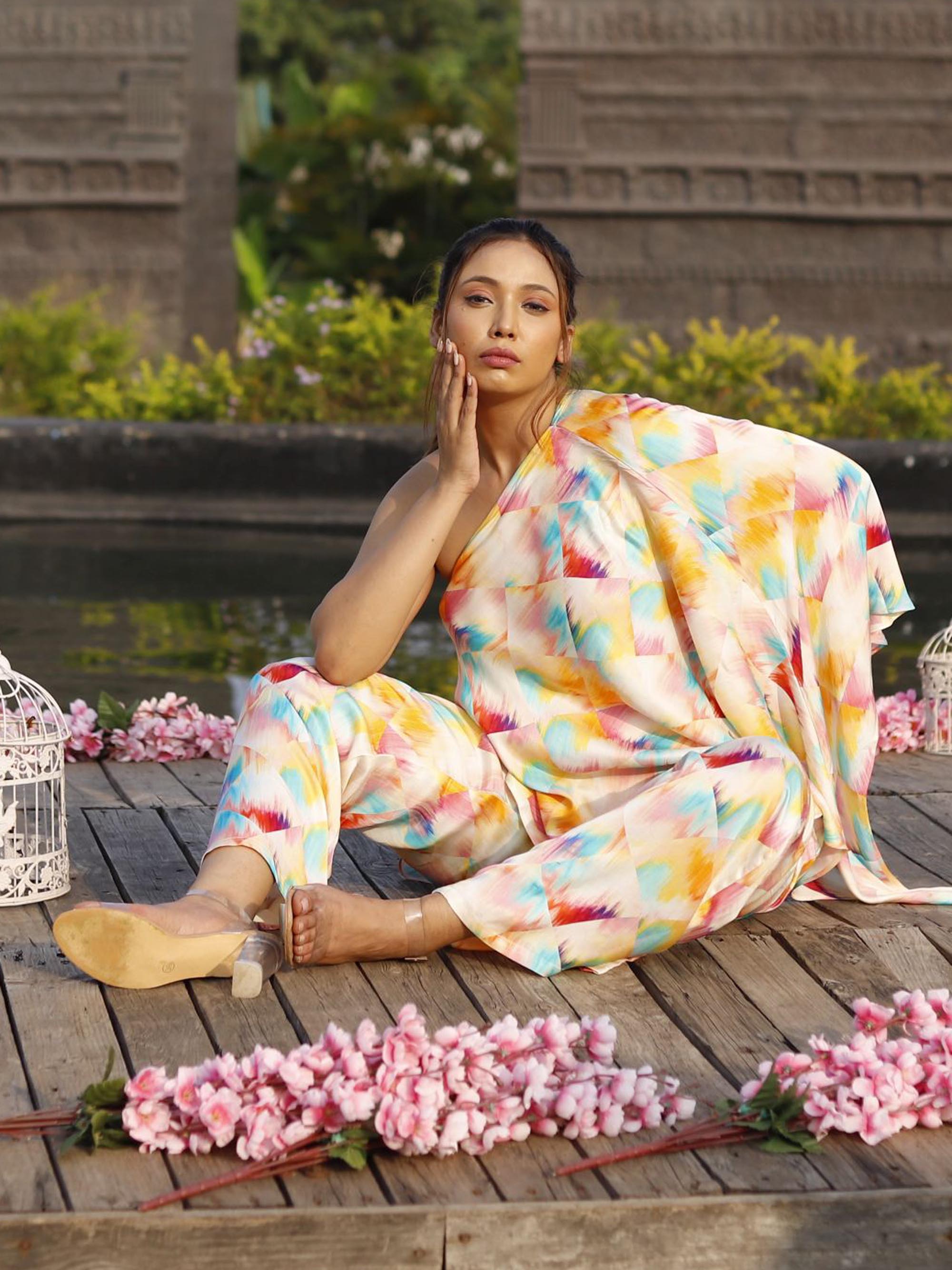 One Shoulder Multi Color Printed Co-ord Set