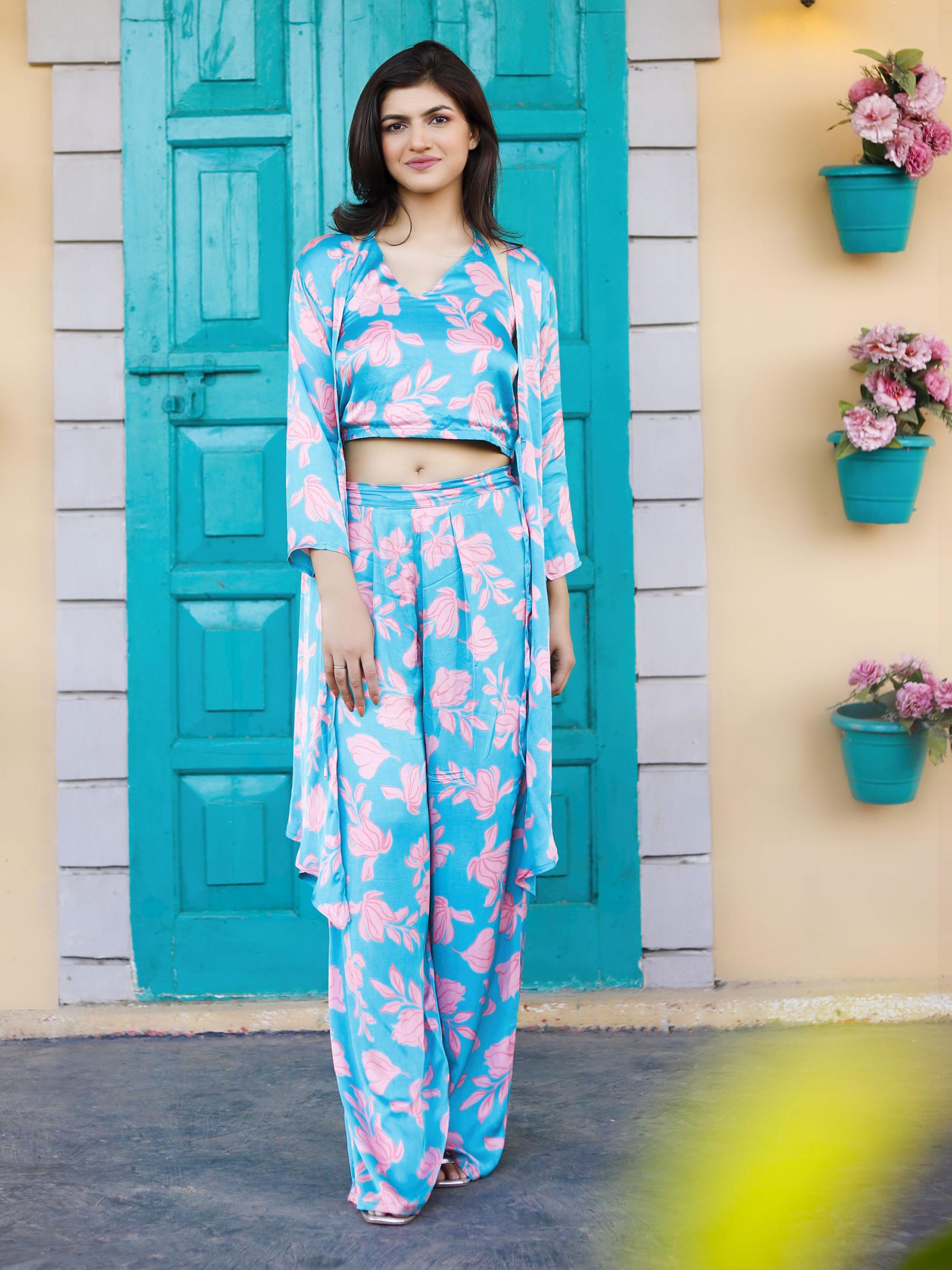 Sky Blue printed Modal Satin Co-ord Set with jacket