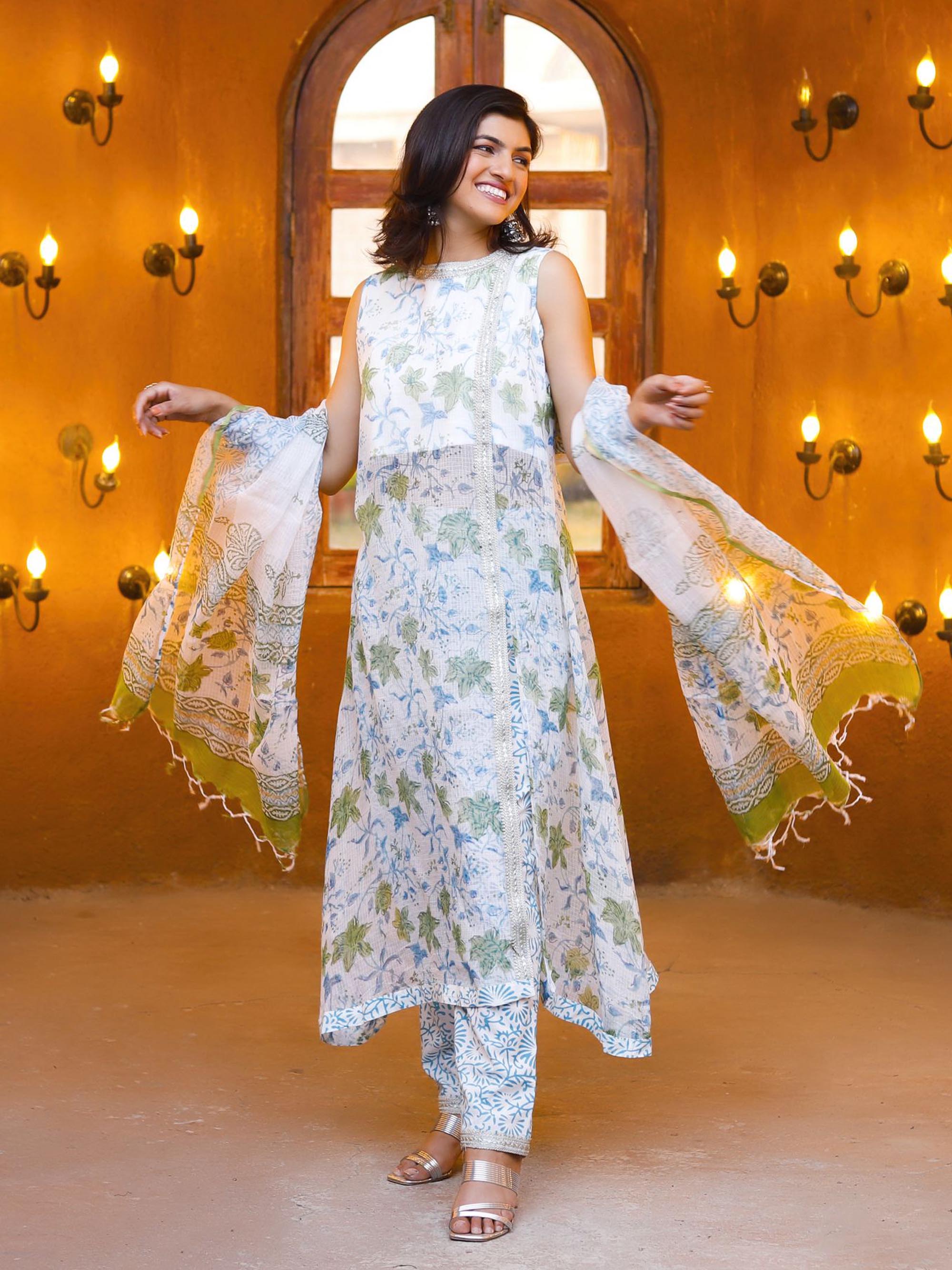 White & Green Block Print Kota Dori suit set