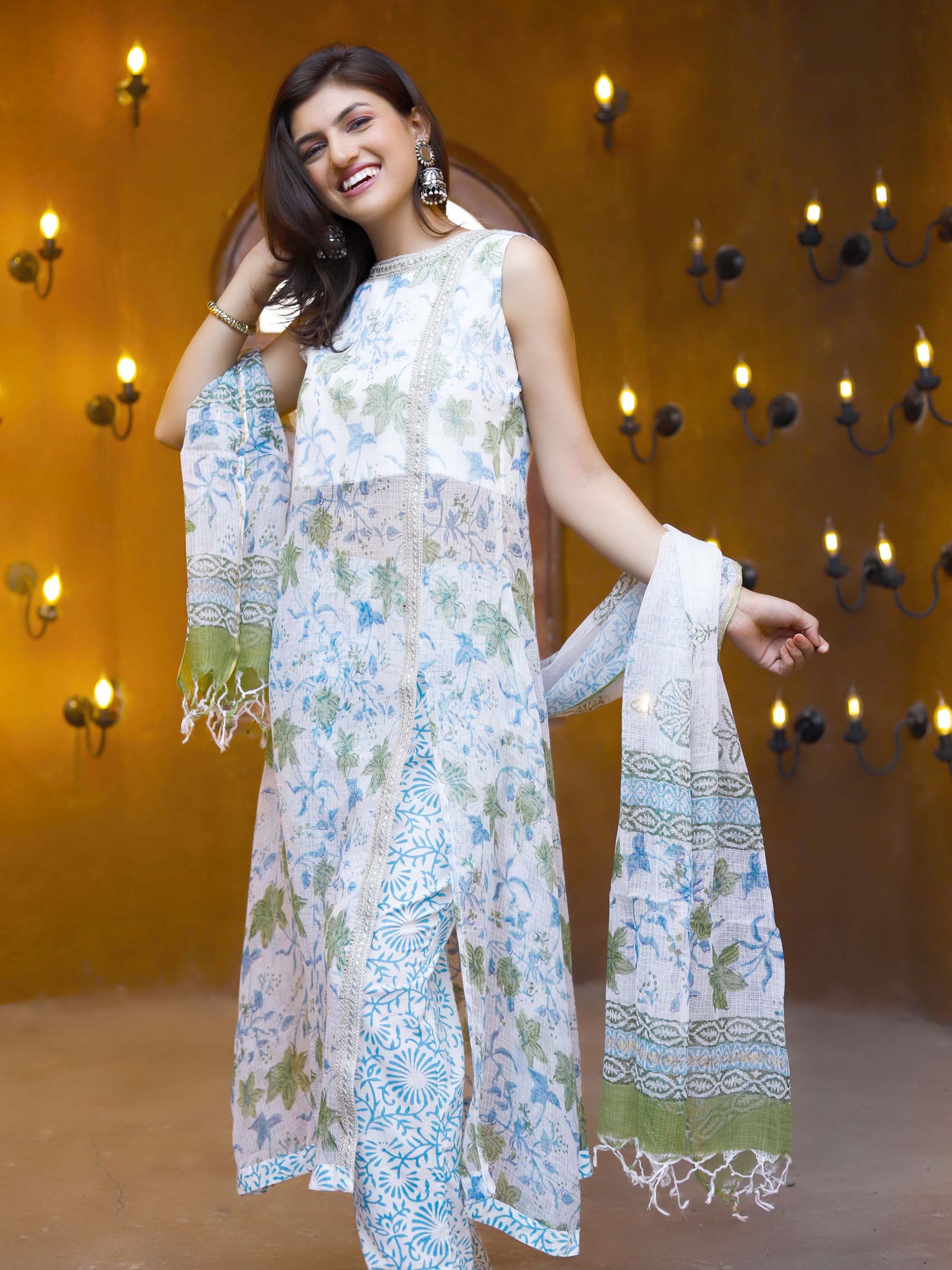 White & Green Block Print Kota Dori suit set
