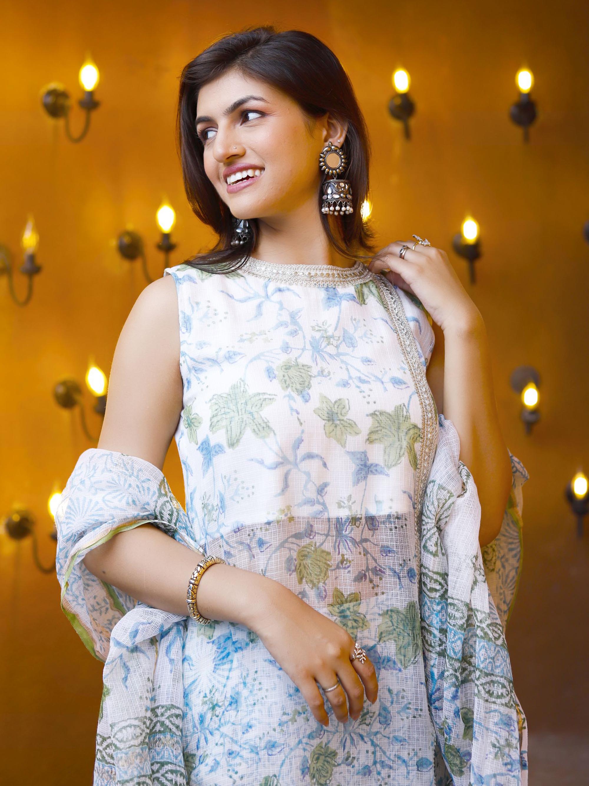 White & Green Block Print Kota Dori suit set