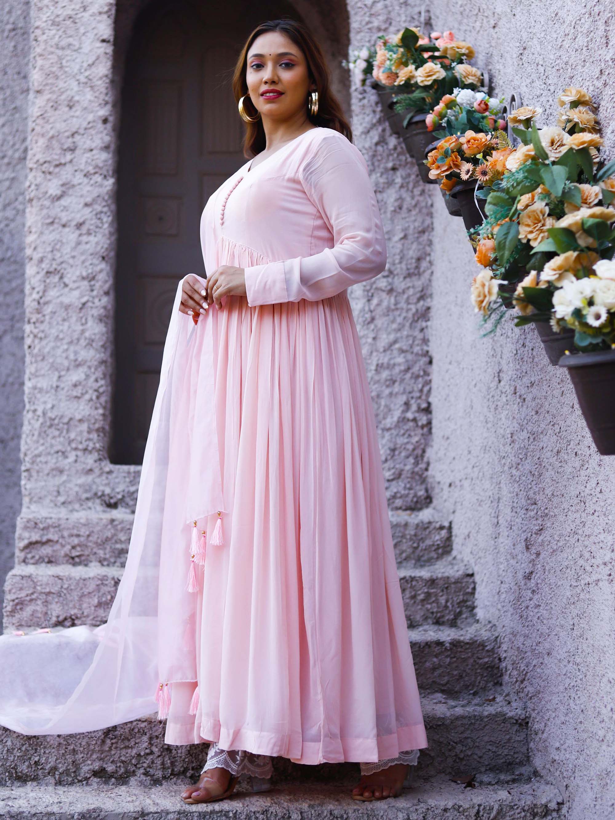 Baby Pink Viscose Anarkali suit set
