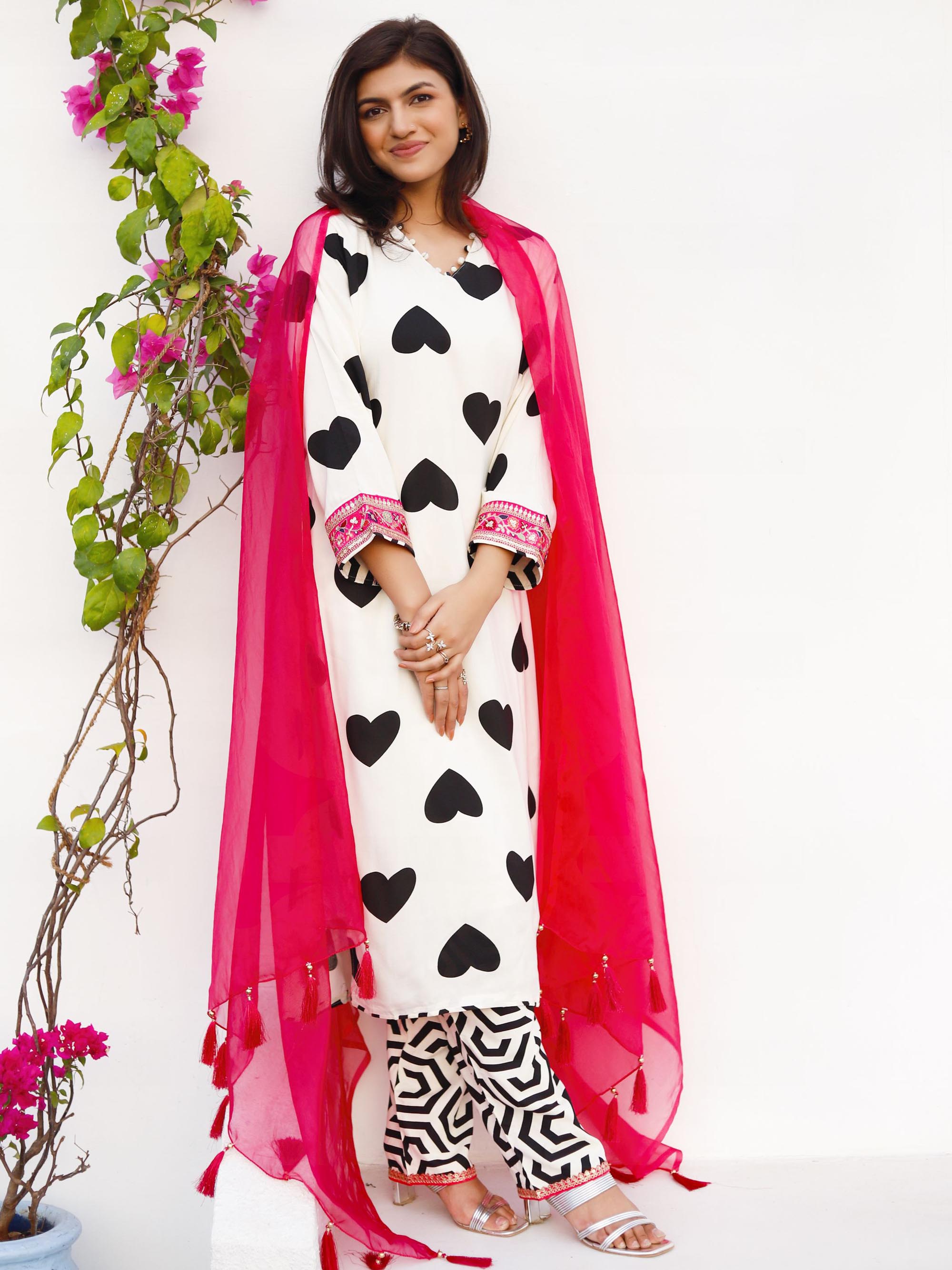 Black and White heart print Modal Suit set