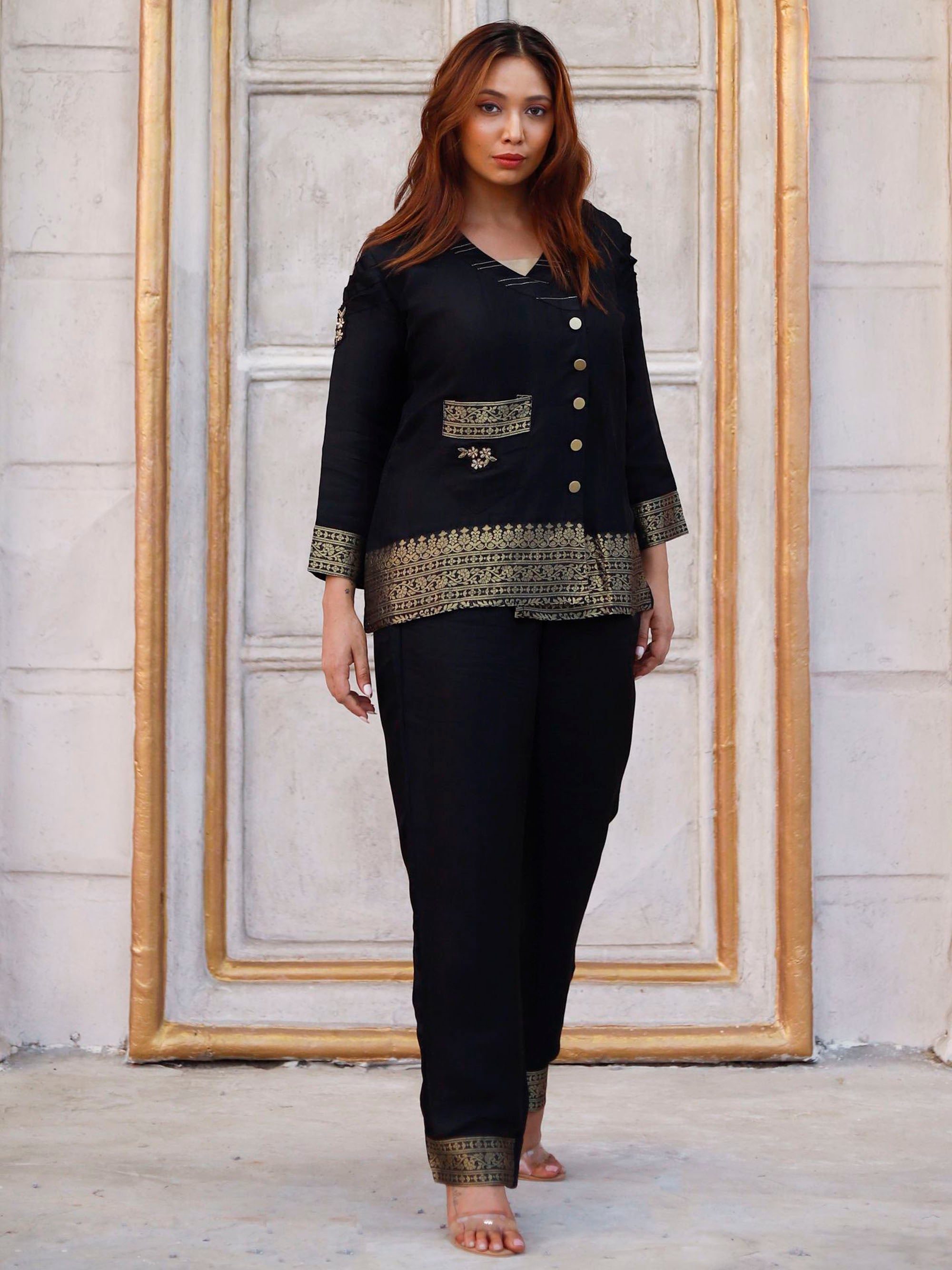 Black 3 piece Co-ord set with Golden Zari