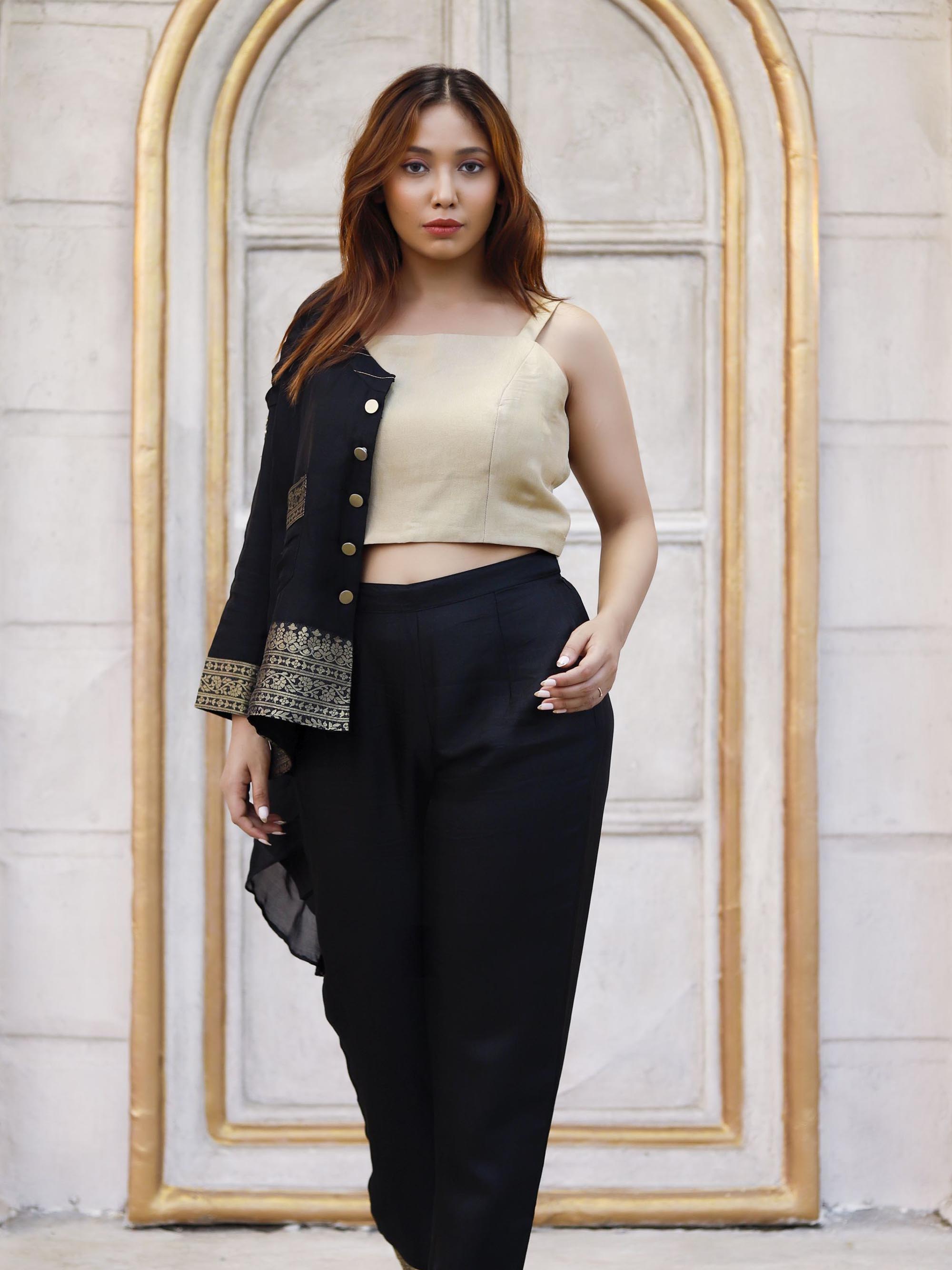 Black 3 piece Co-ord set with Golden Zari