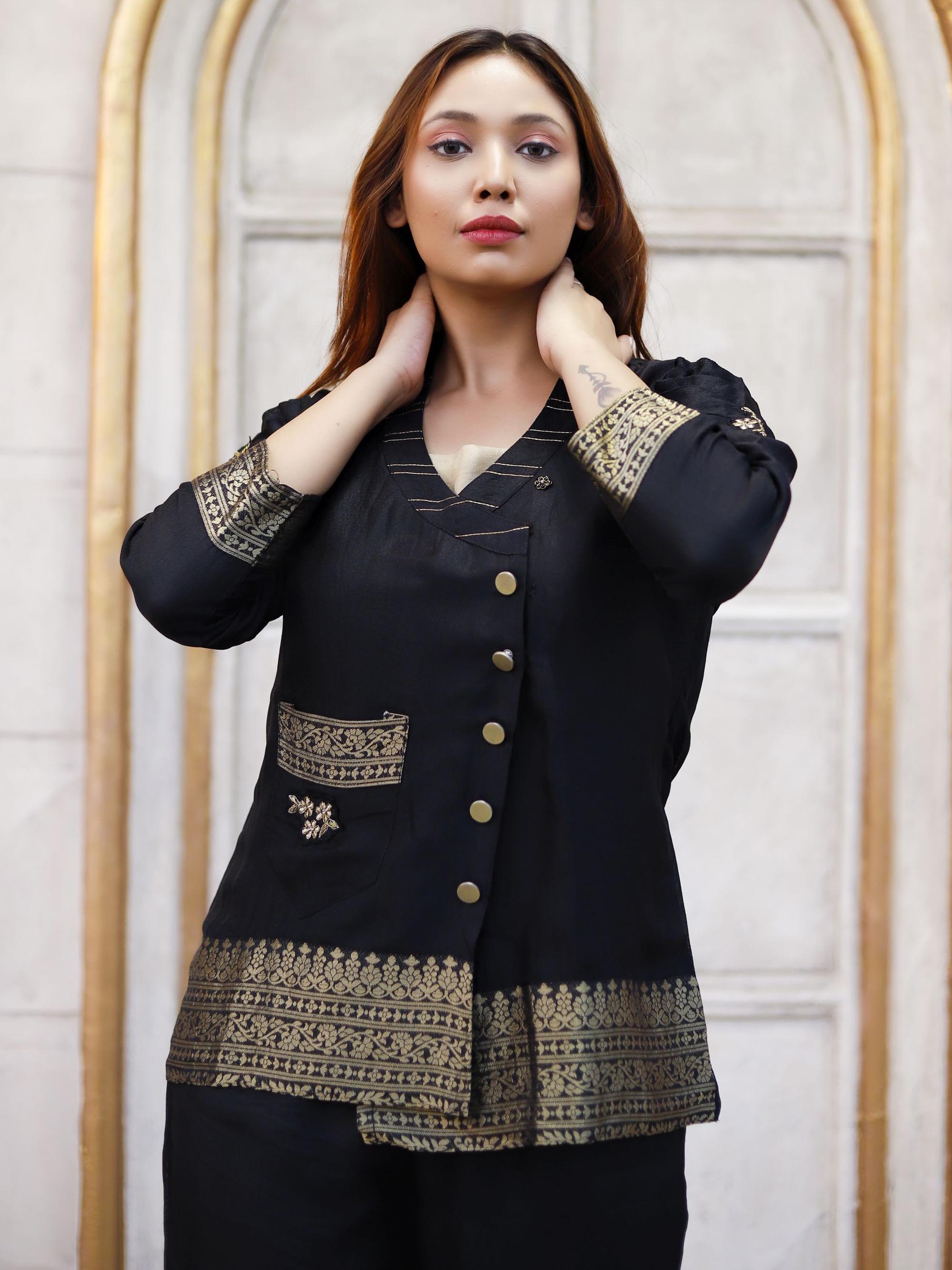 Black 3 piece Co-ord set with Golden Zari