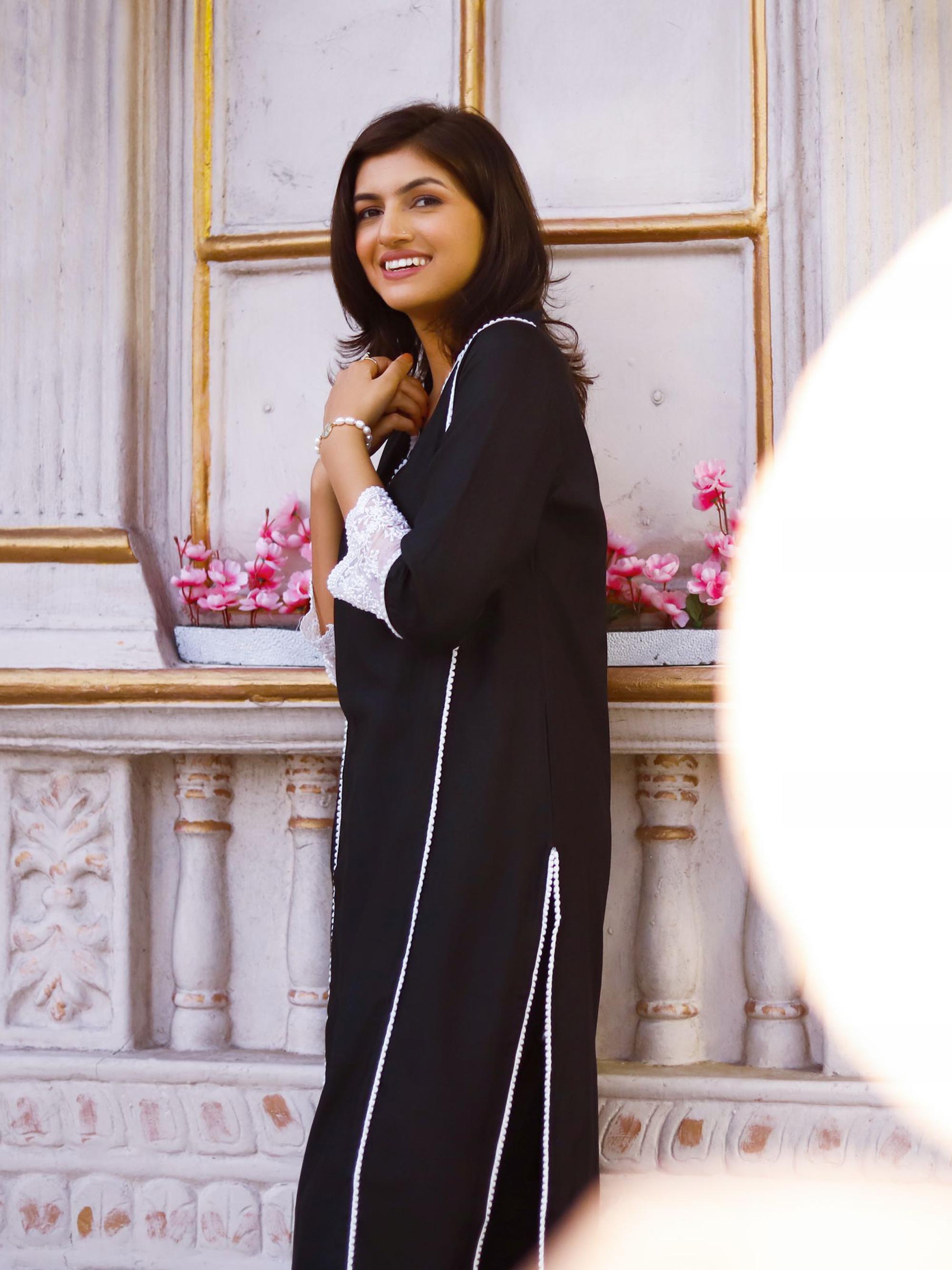 Black  Muslin cotton Kurta set with lace borders