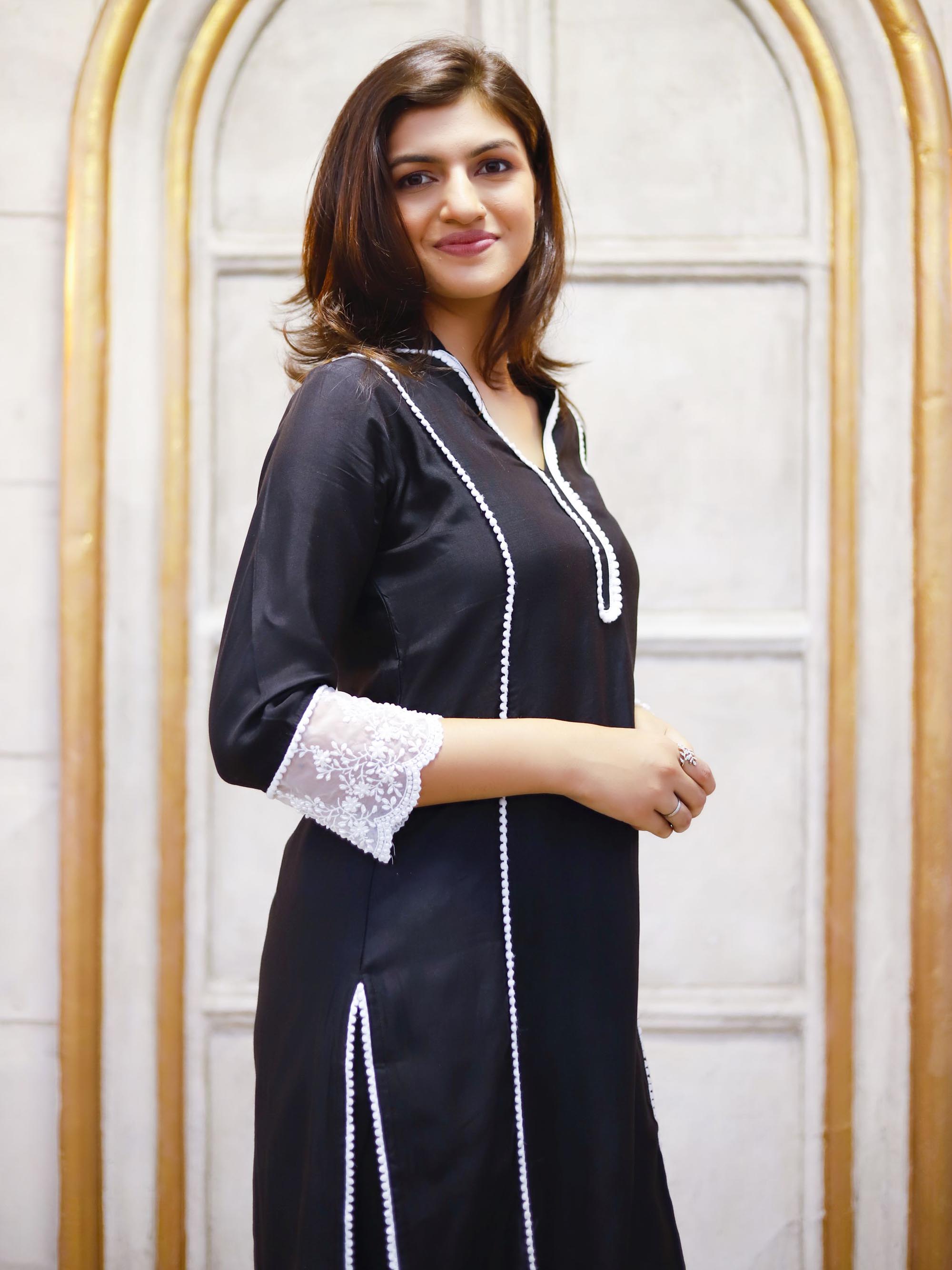 Black  Muslin cotton Kurta set with lace borders