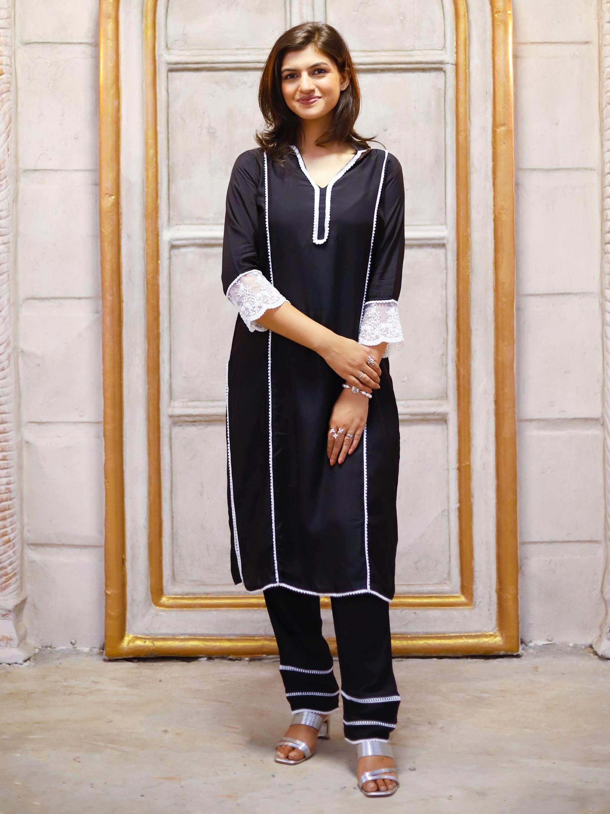 Black  Muslin cotton Kurta set with lace borders
