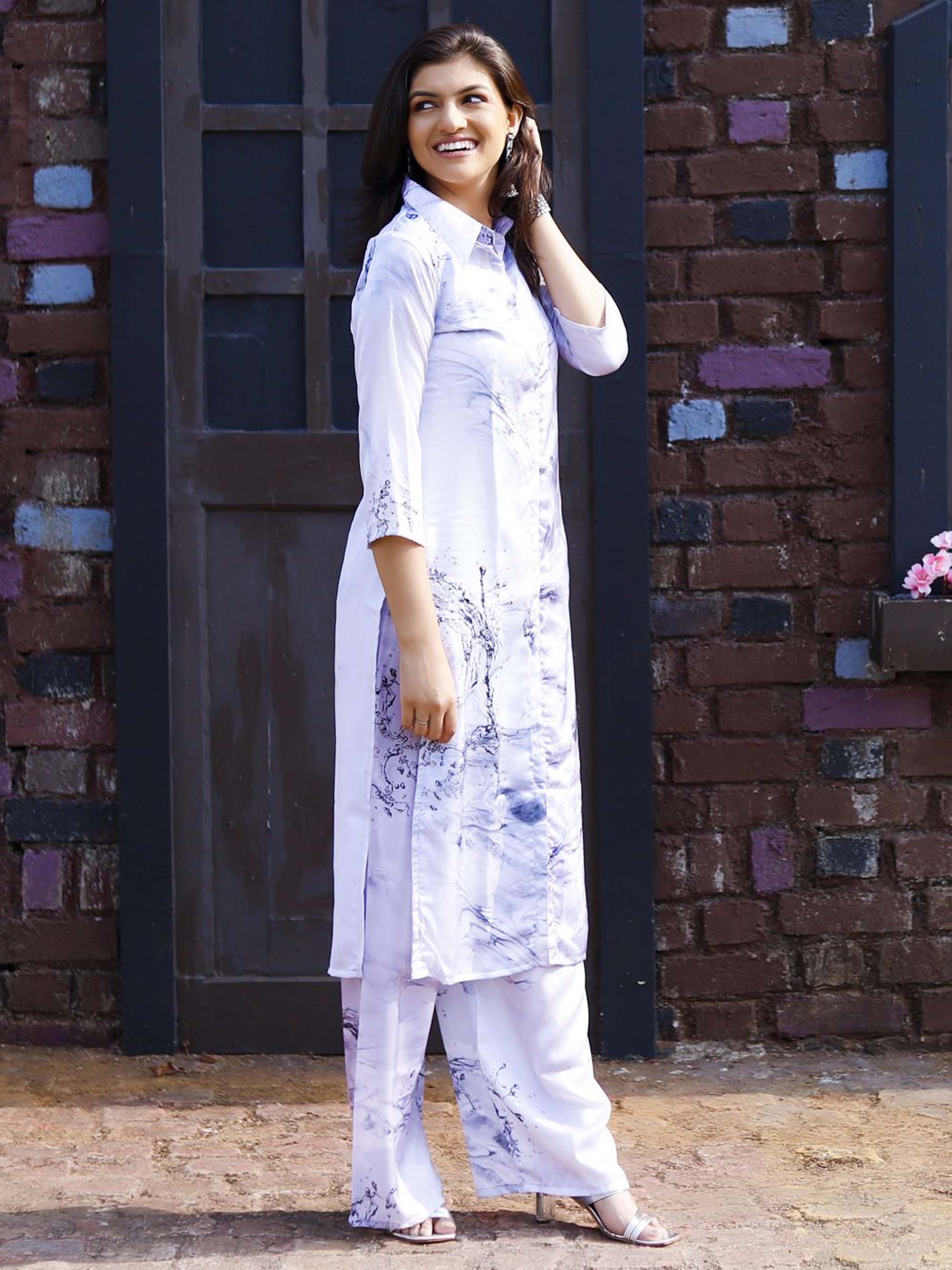 Blue abstract print Modal satin Kurta set