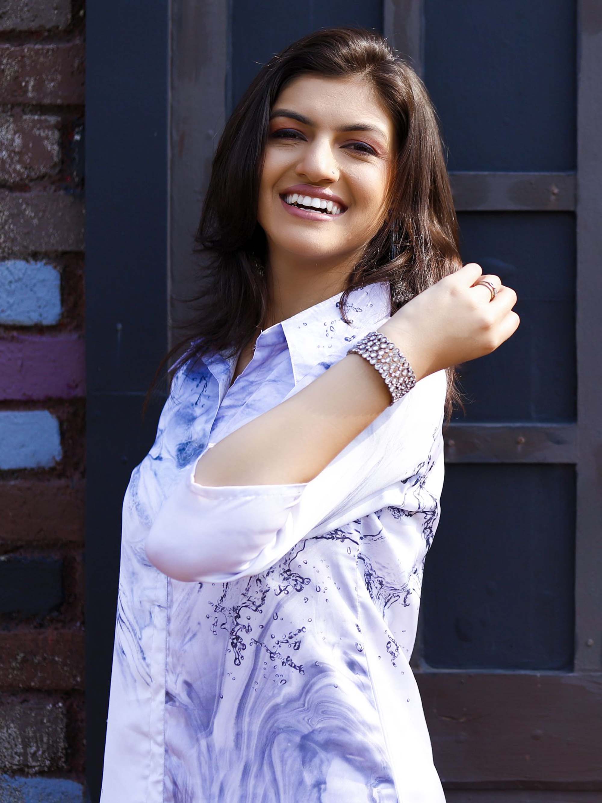 Blue abstract print Modal satin Kurta set