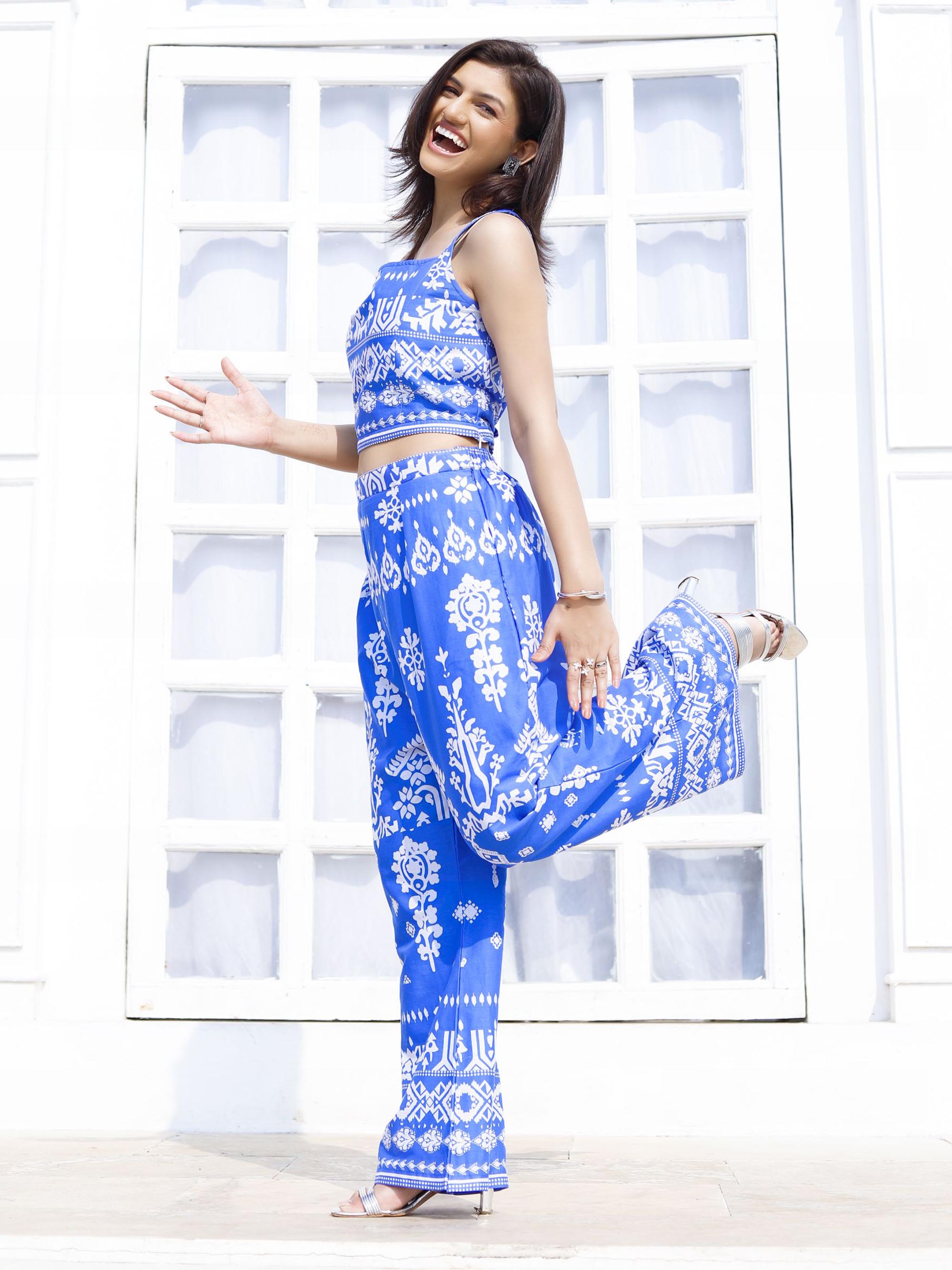 Blue Indo Western printed summer style co-ord set