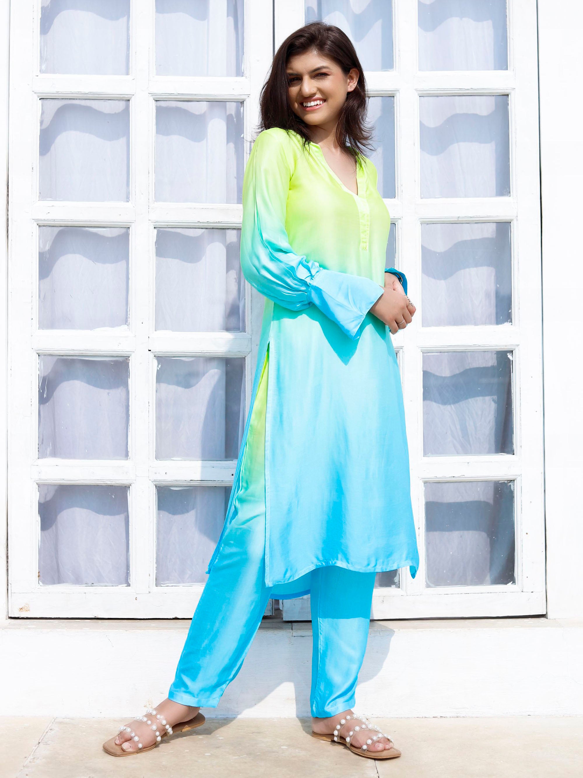 Blue & Yellow Modal satin Kurta set