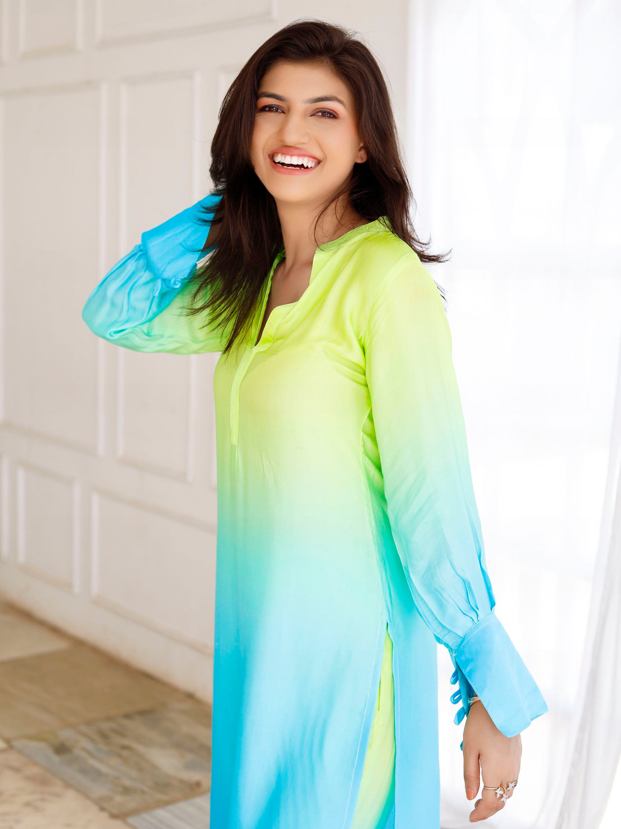 Blue & Yellow Modal satin Kurta set