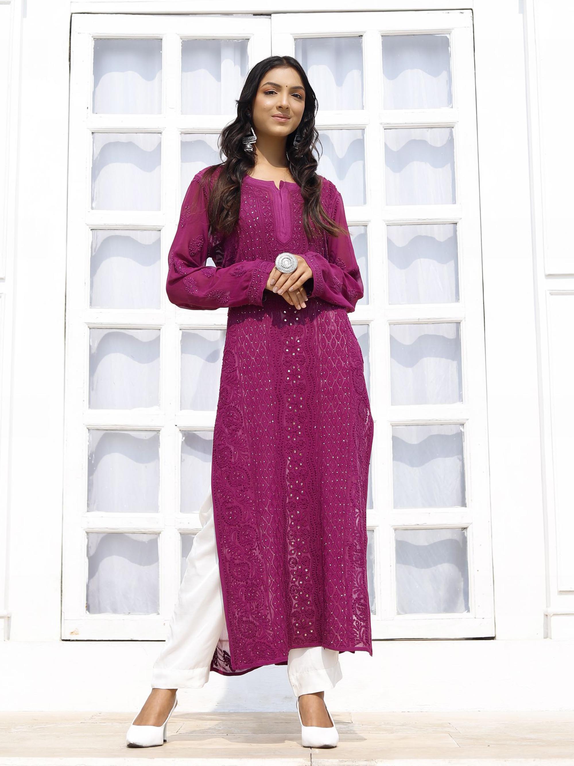 Magenta Chikankari Viscose Kurta set