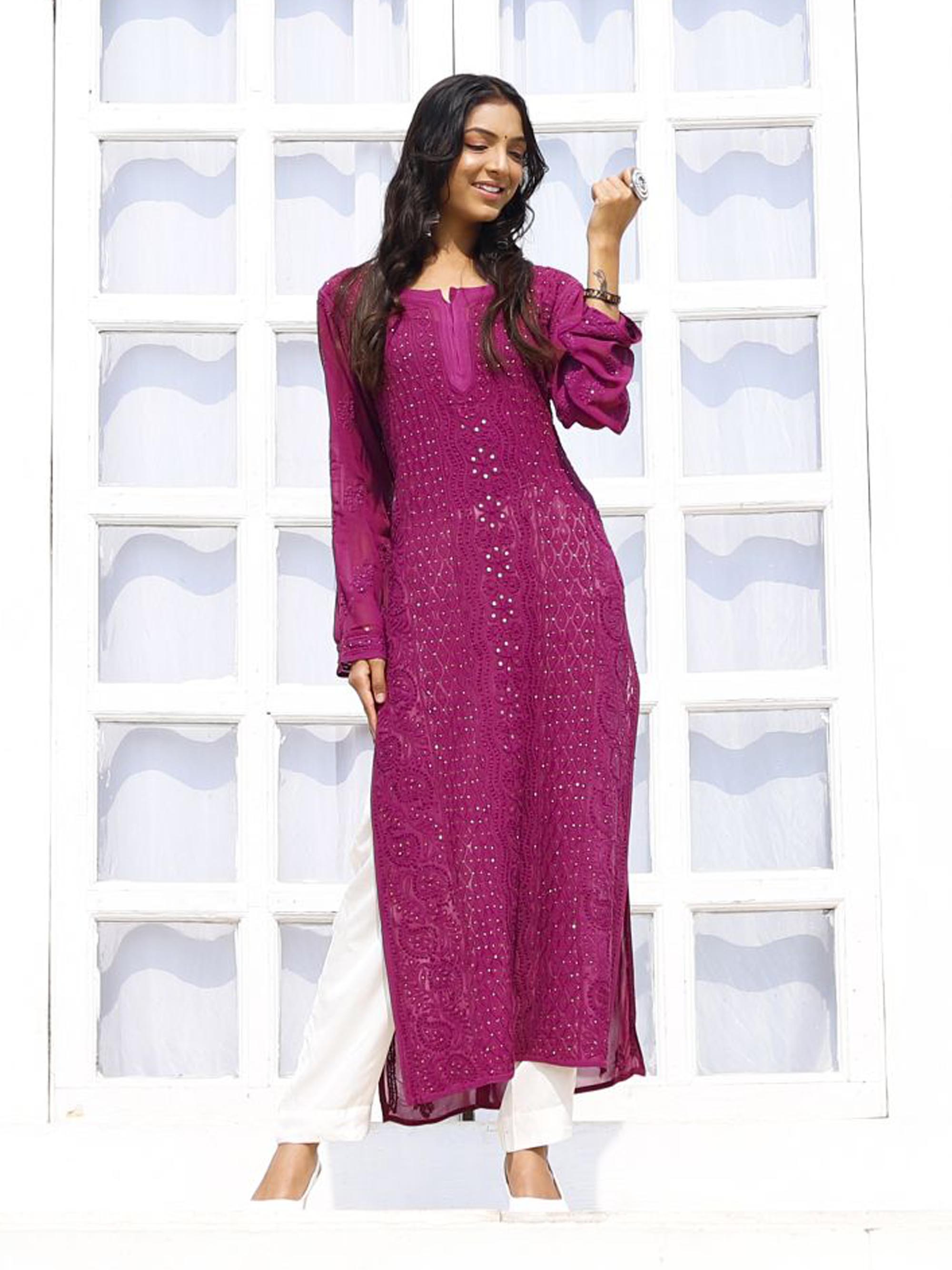Magenta Chikankari Viscose Kurta set