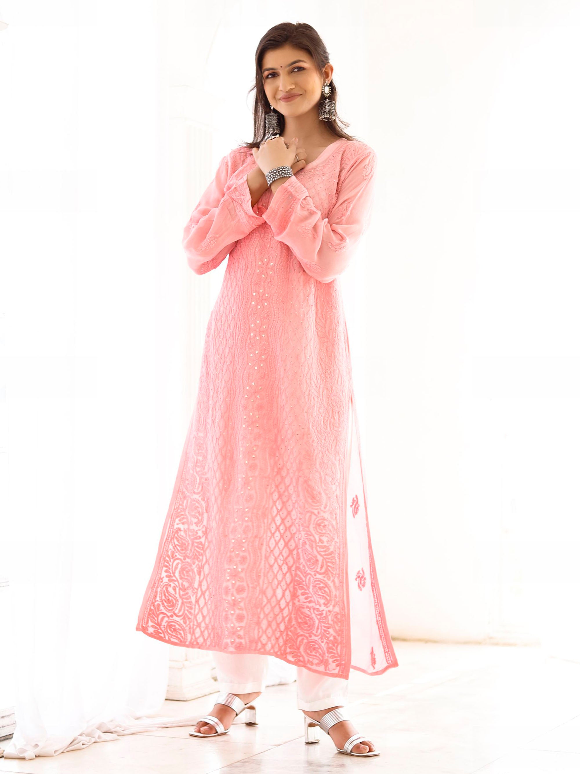 Pink Viscose Chikankari 2 Piece Kurta Set