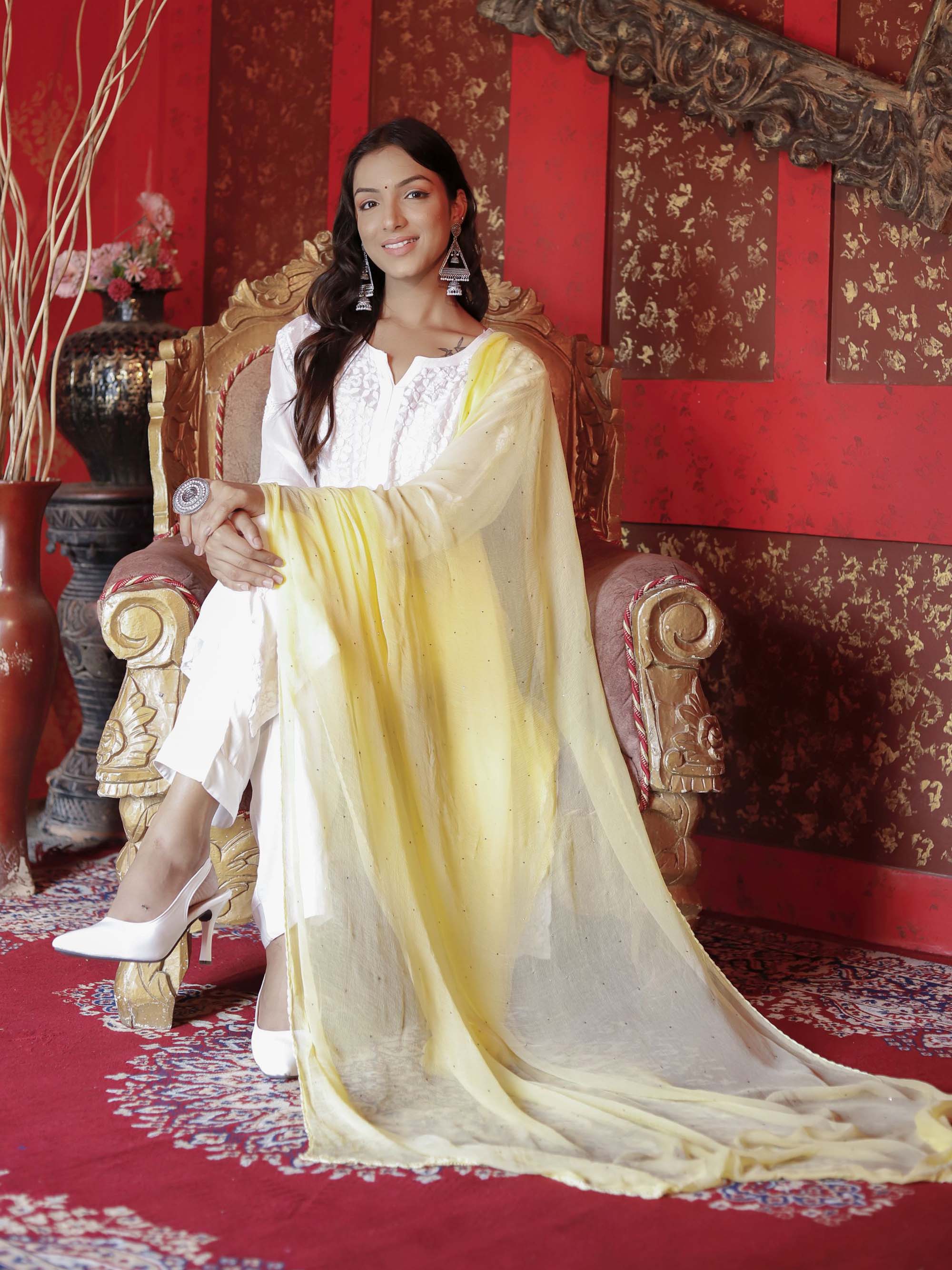 White Viscose Chikankari 3 Piece Suit set