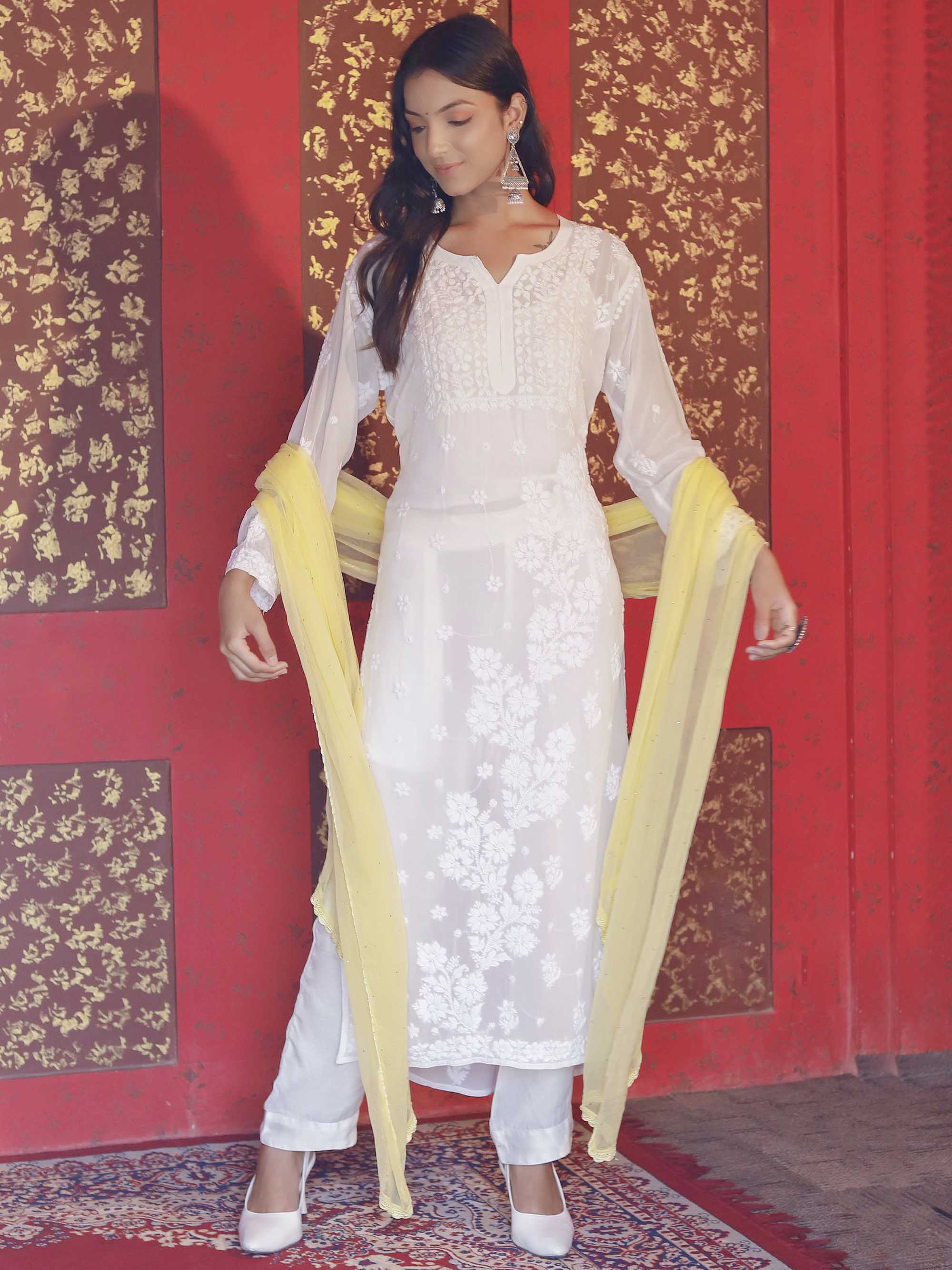 White Viscose Chikankari 3 Piece Suit set
