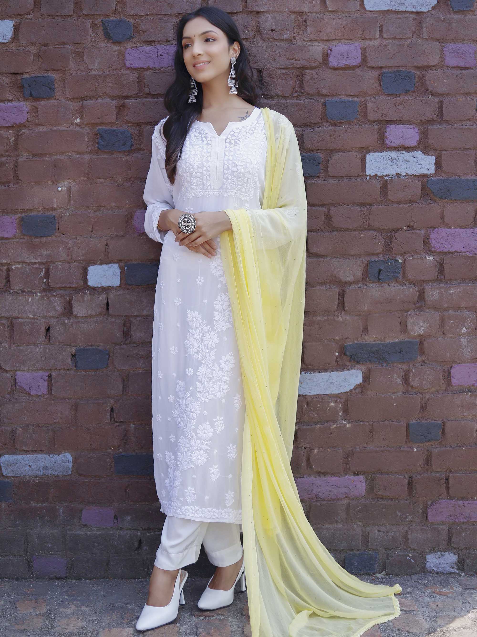 White Viscose Chikankari 3 Piece Suit set