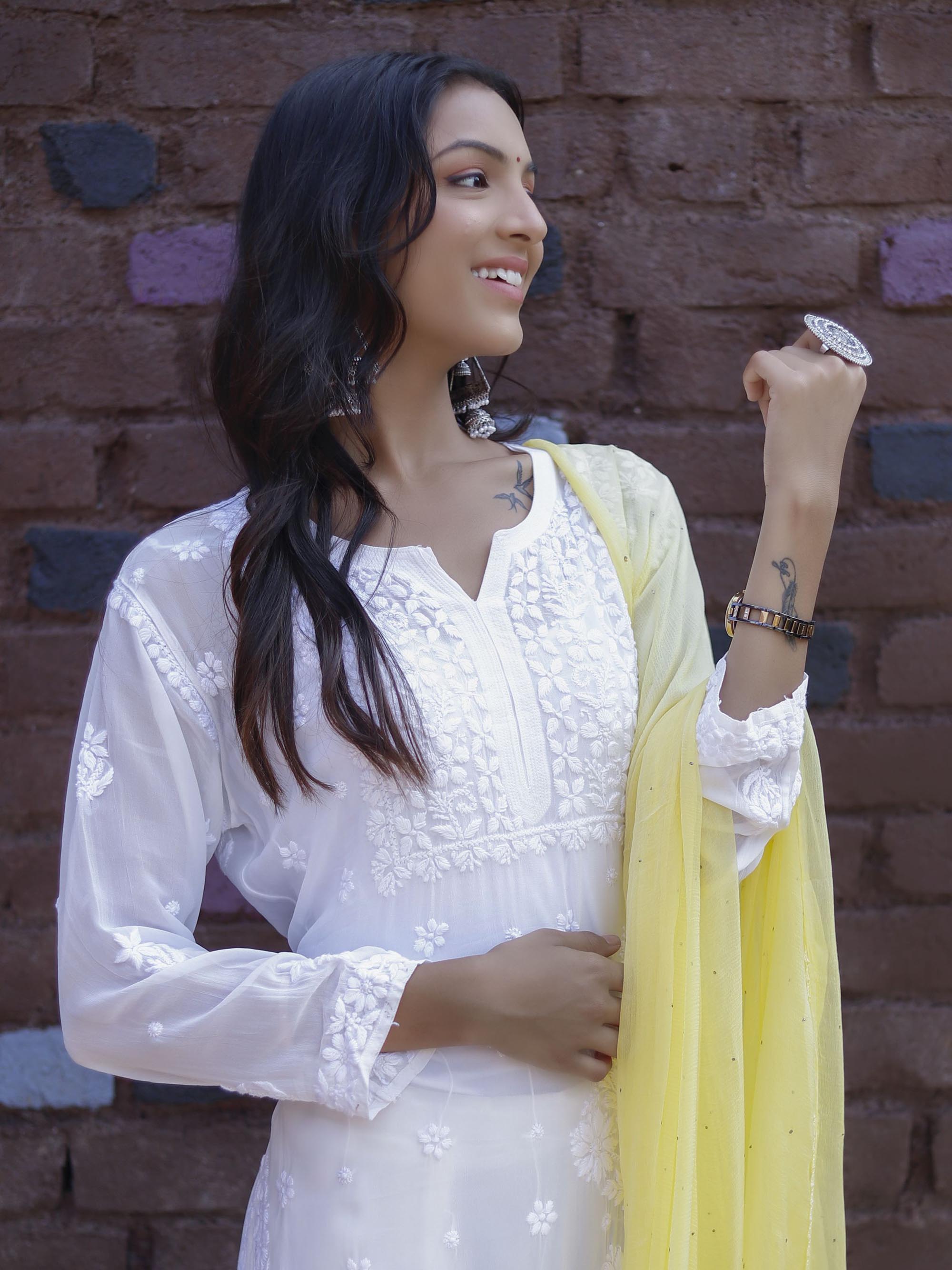 White Viscose Chikankari 3 Piece Suit set