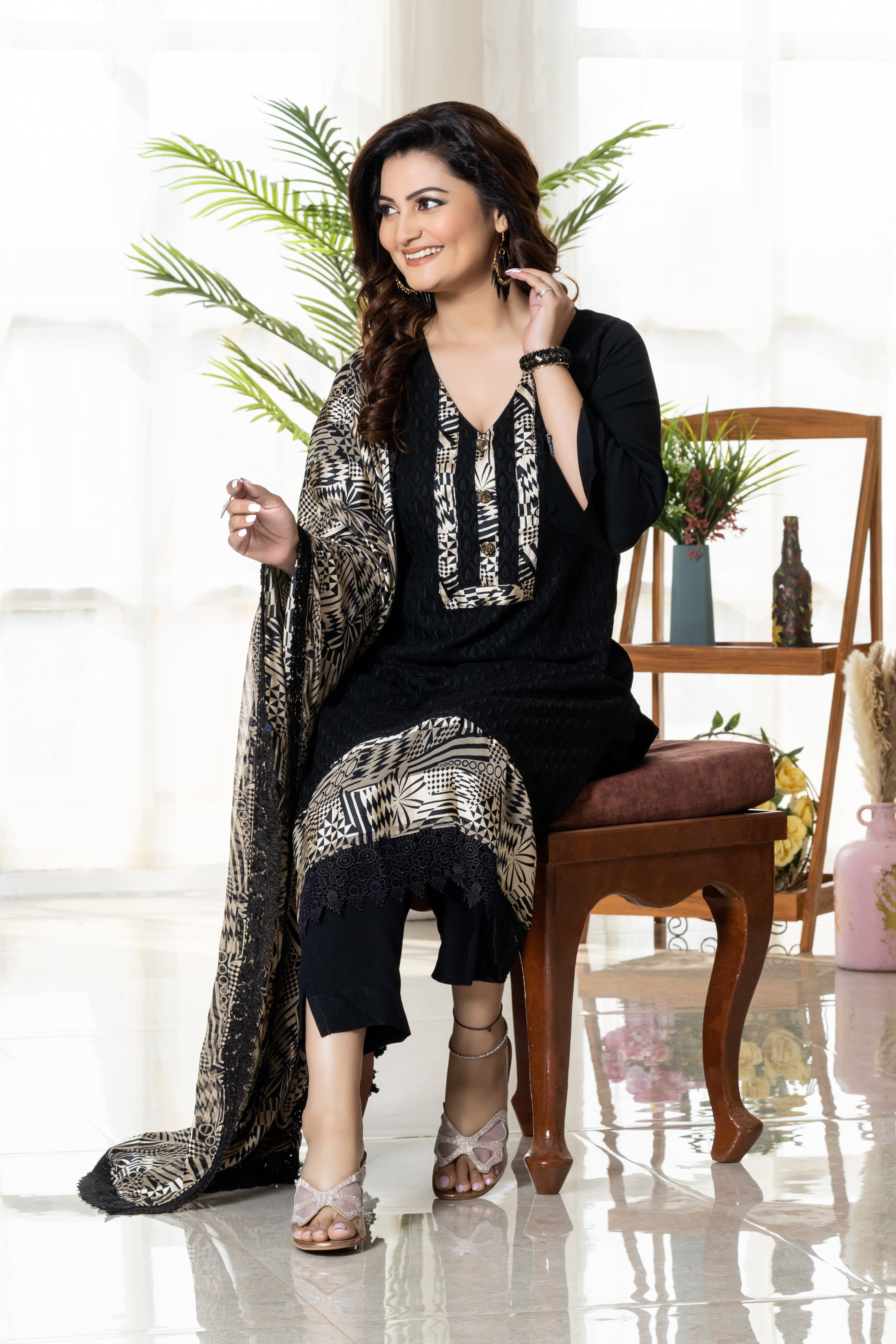 Black Georgette suit set with printed dupatta