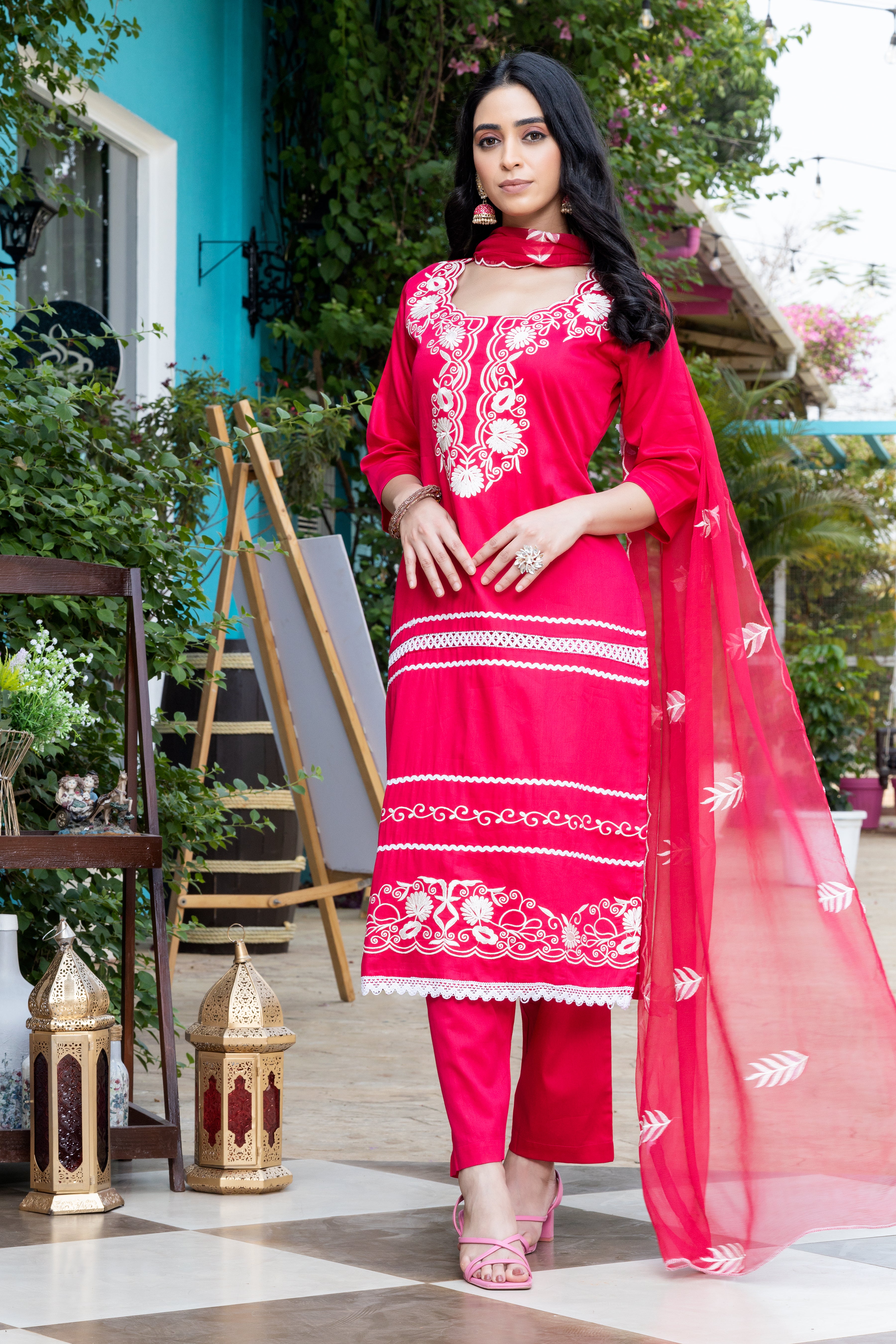 Red Jaam Cotton suit set with pure chiffon dupatta