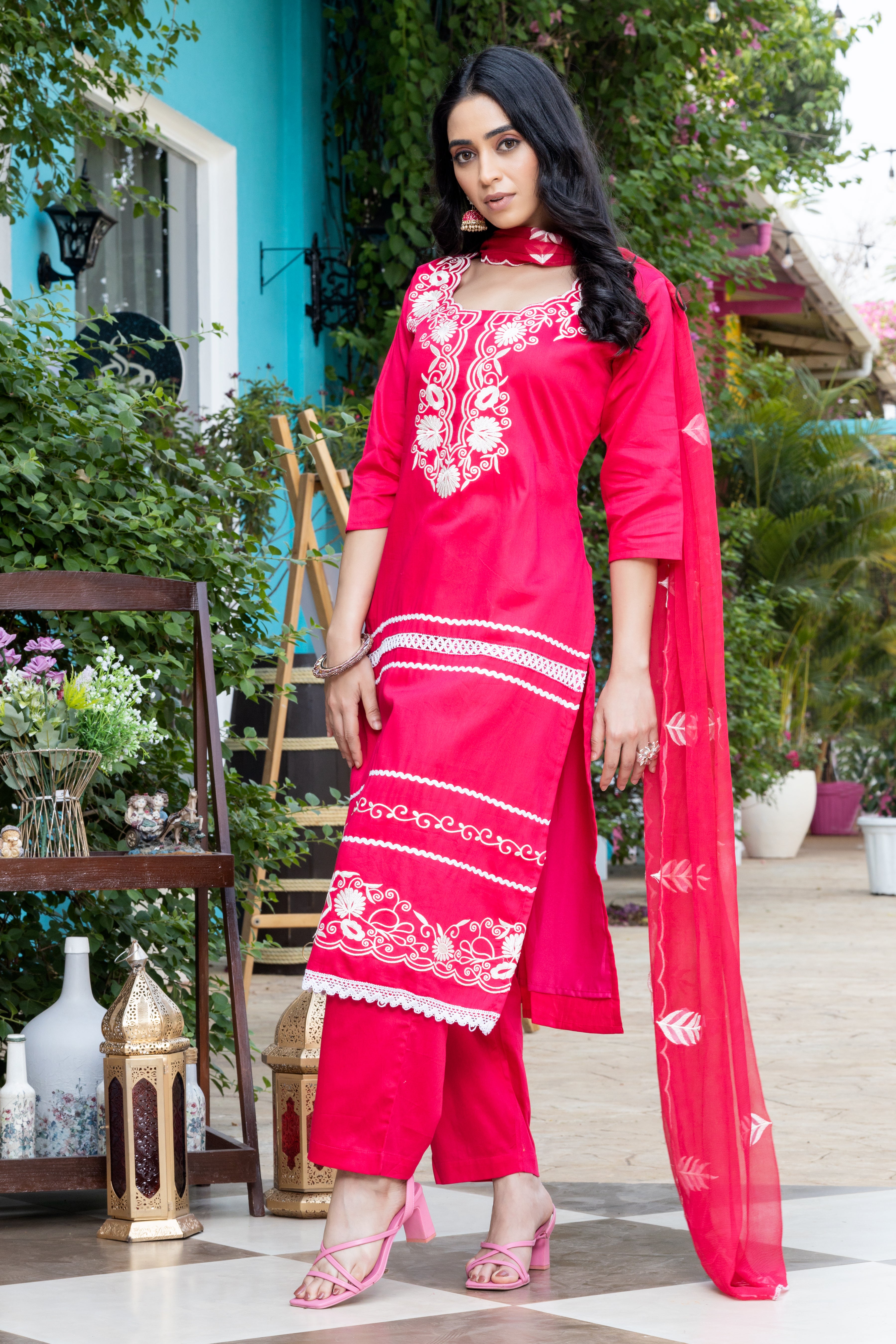 Red Jaam Cotton suit set with pure chiffon dupatta