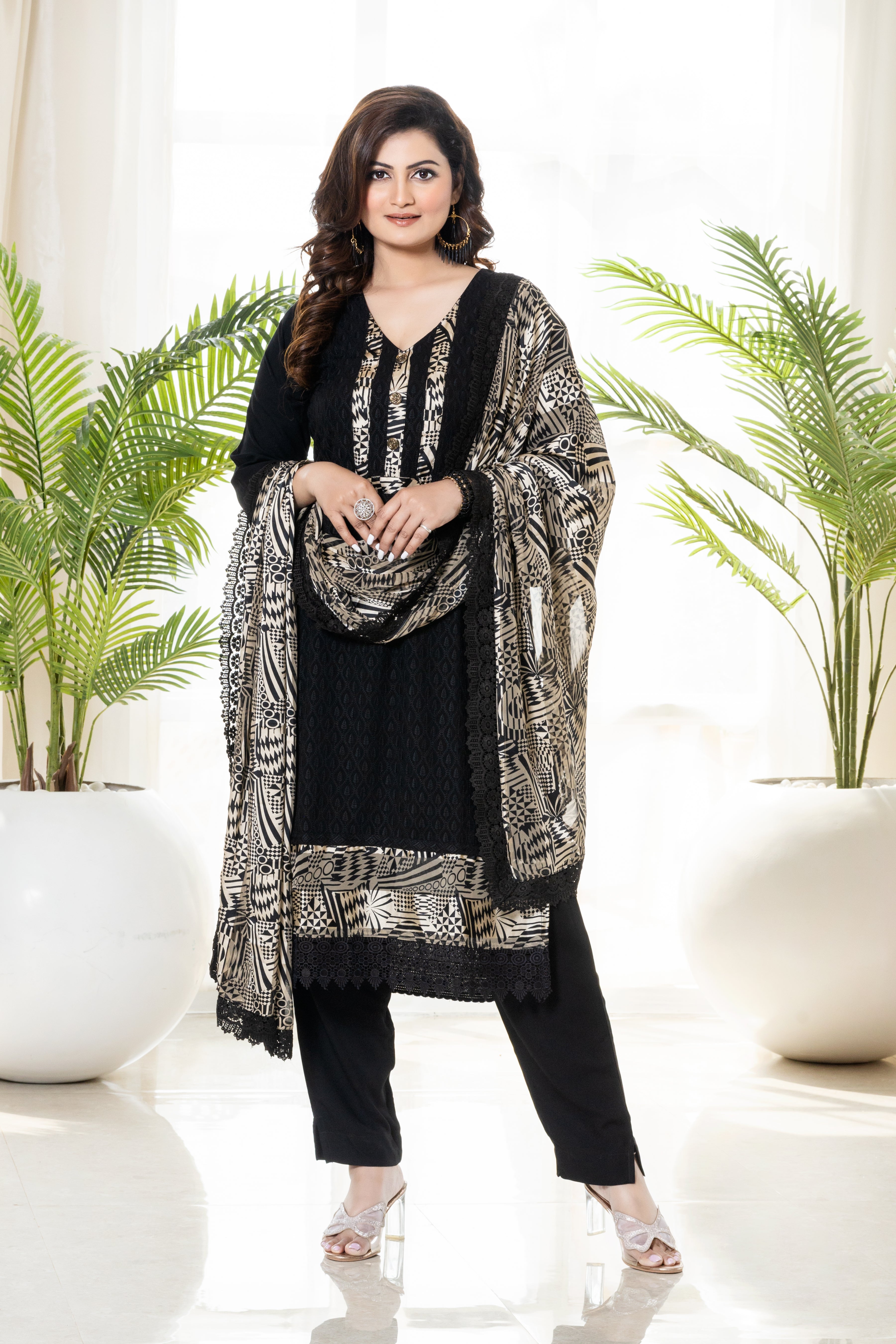 Black Georgette suit set with printed dupatta