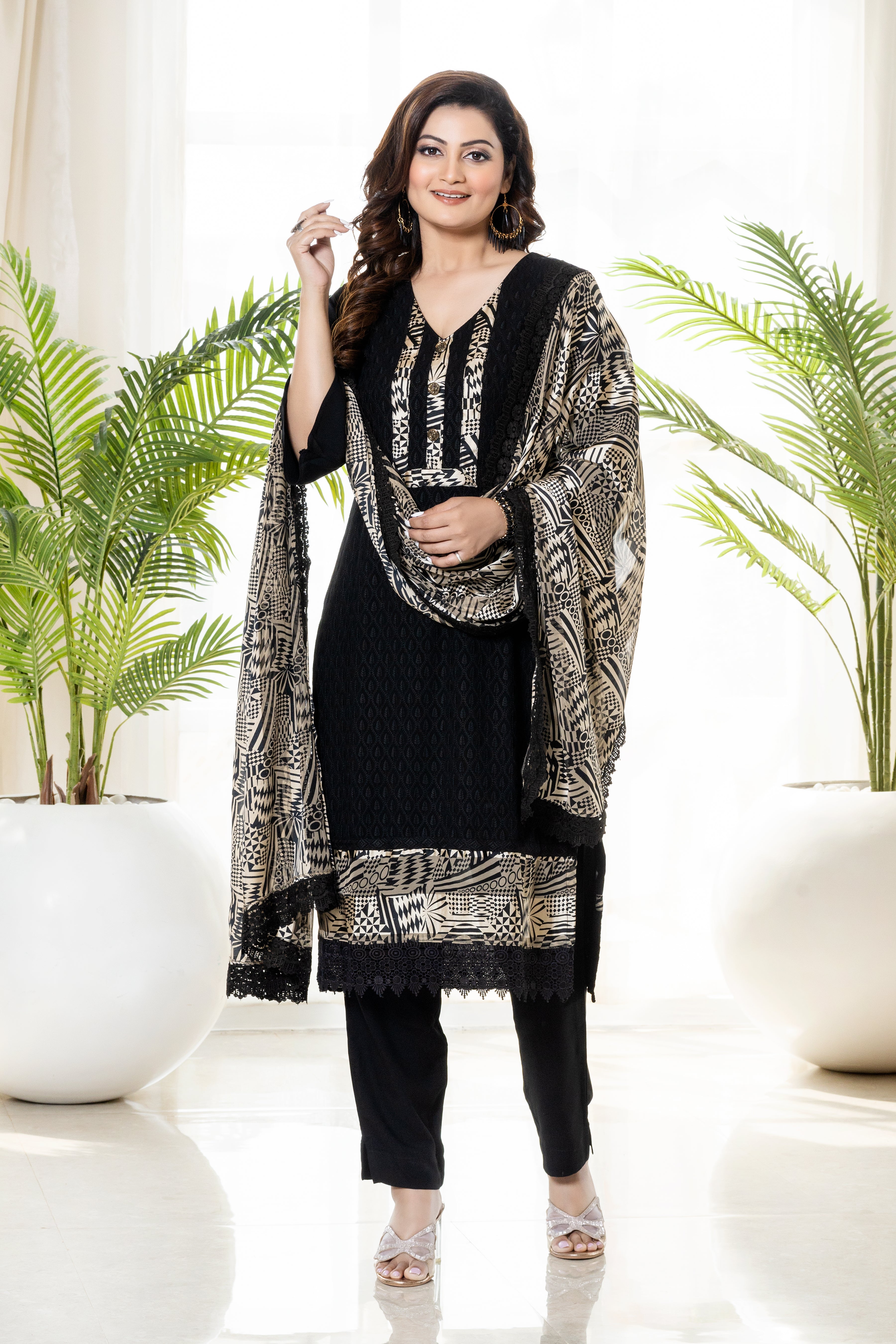 Black Georgette suit set with printed dupatta