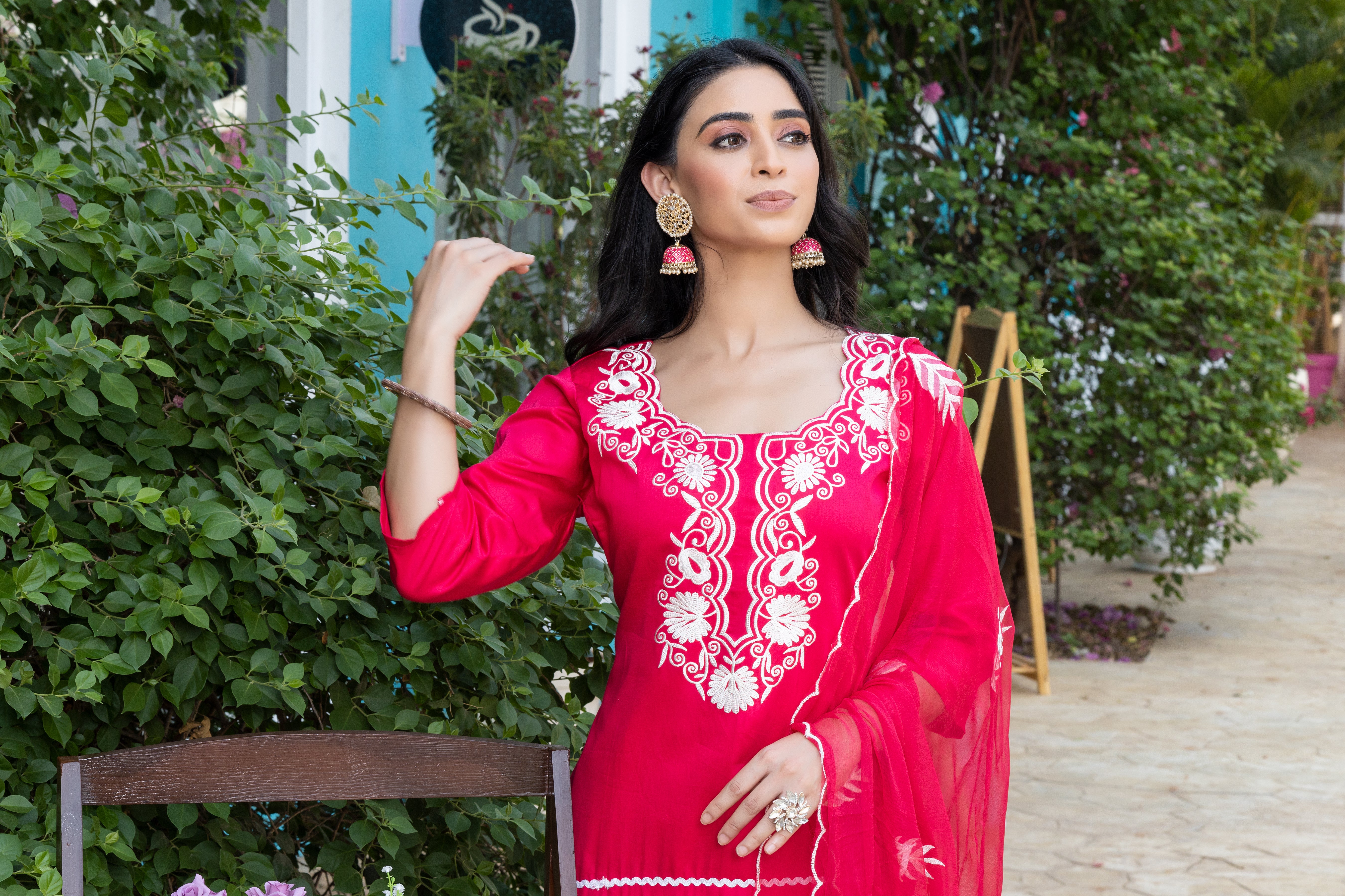 Red Jaam Cotton suit set with pure chiffon dupatta