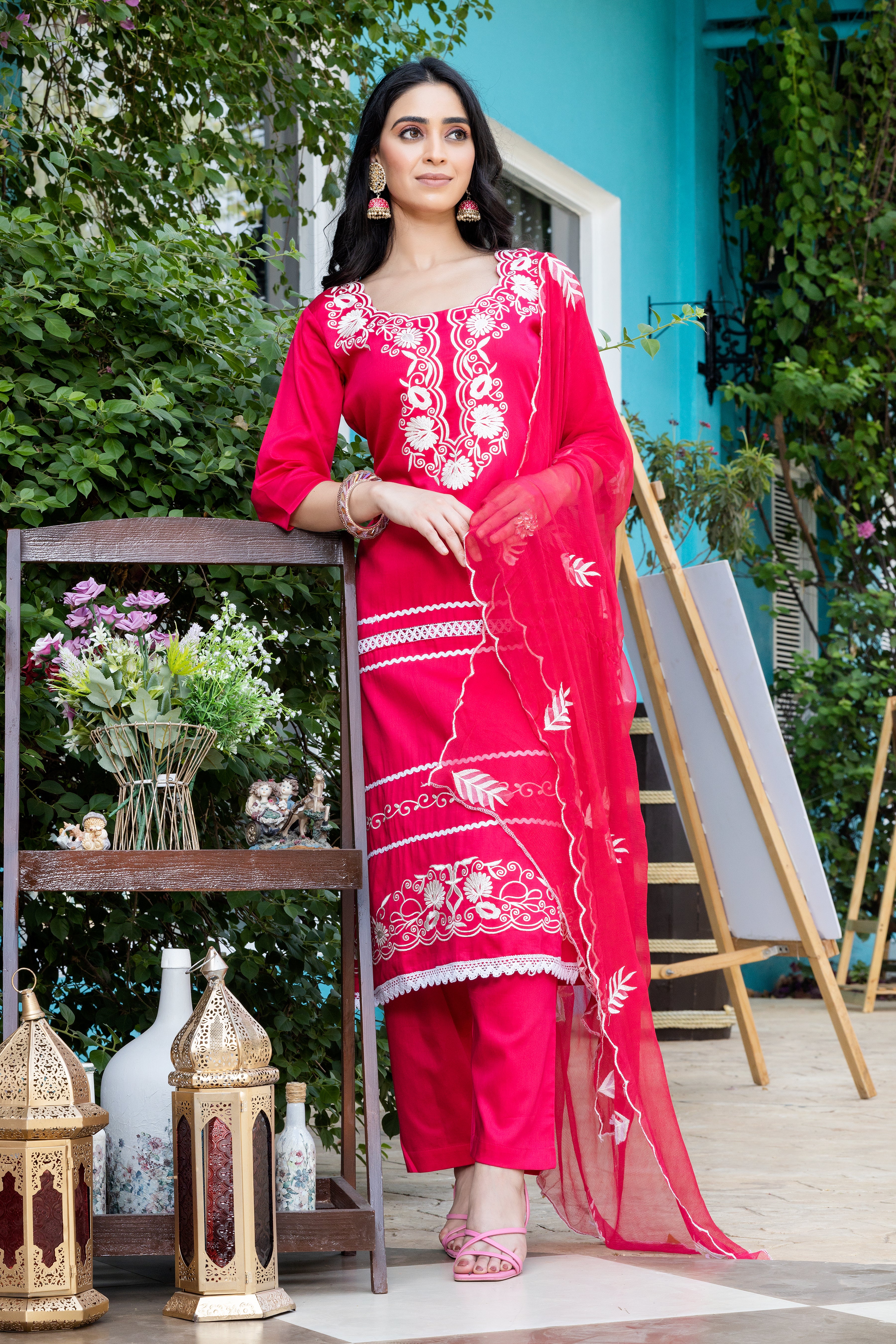 Red Jaam Cotton suit set with pure chiffon dupatta