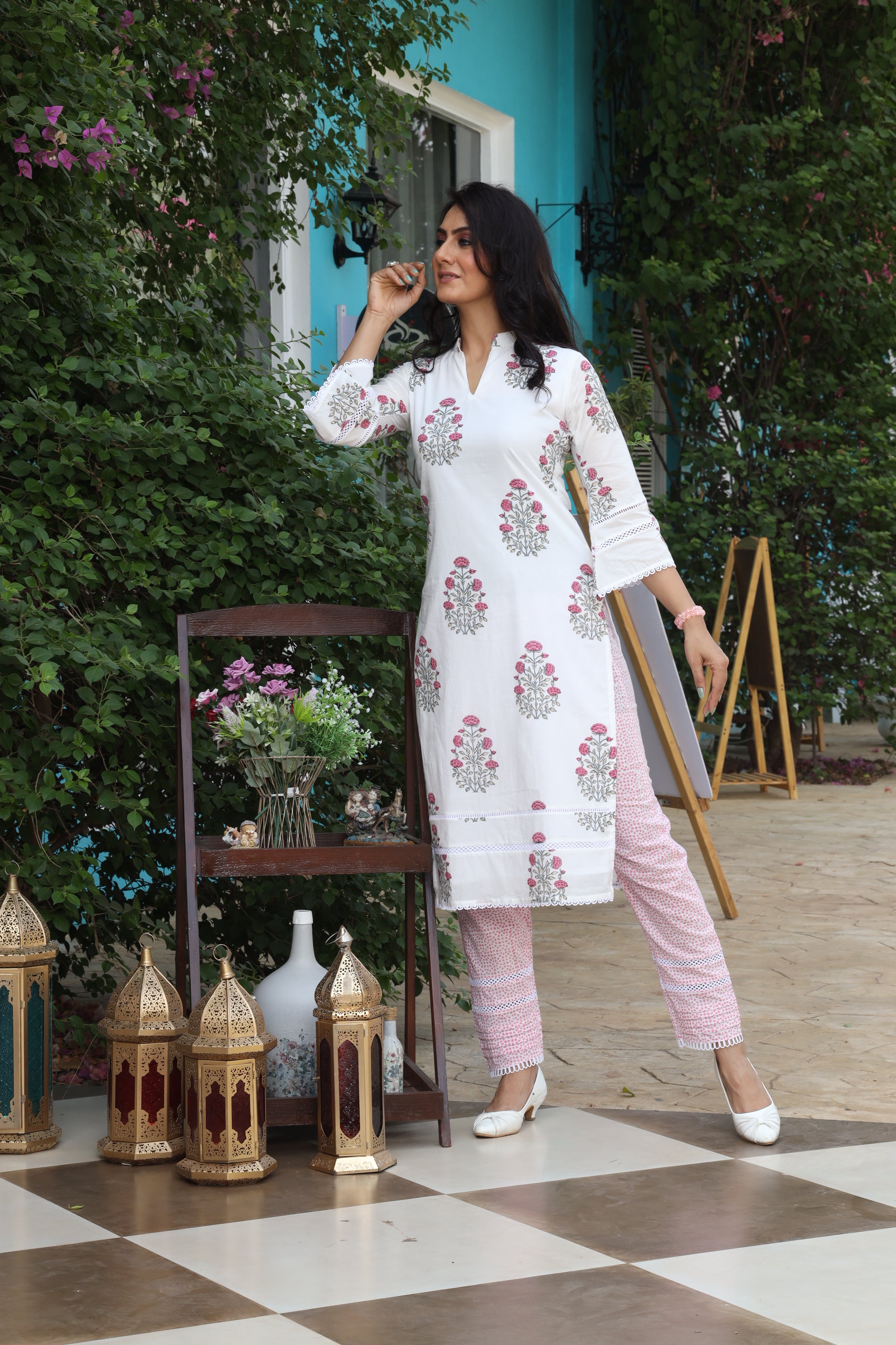 White & Pink Block Print Mul Cotton Kurta Set