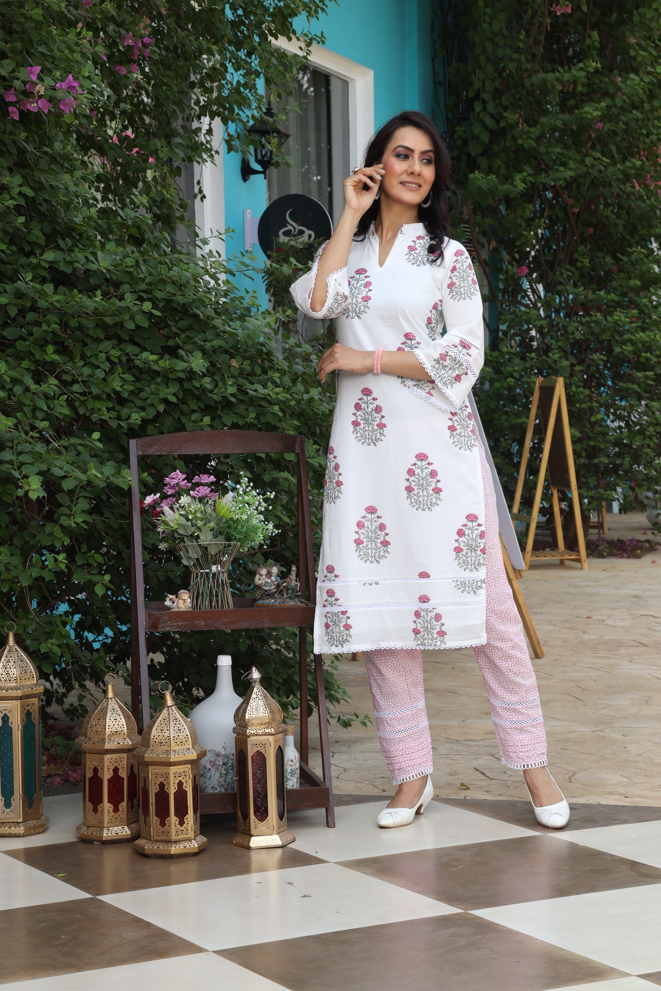 White & Pink Block Print Mul Cotton Kurta Set