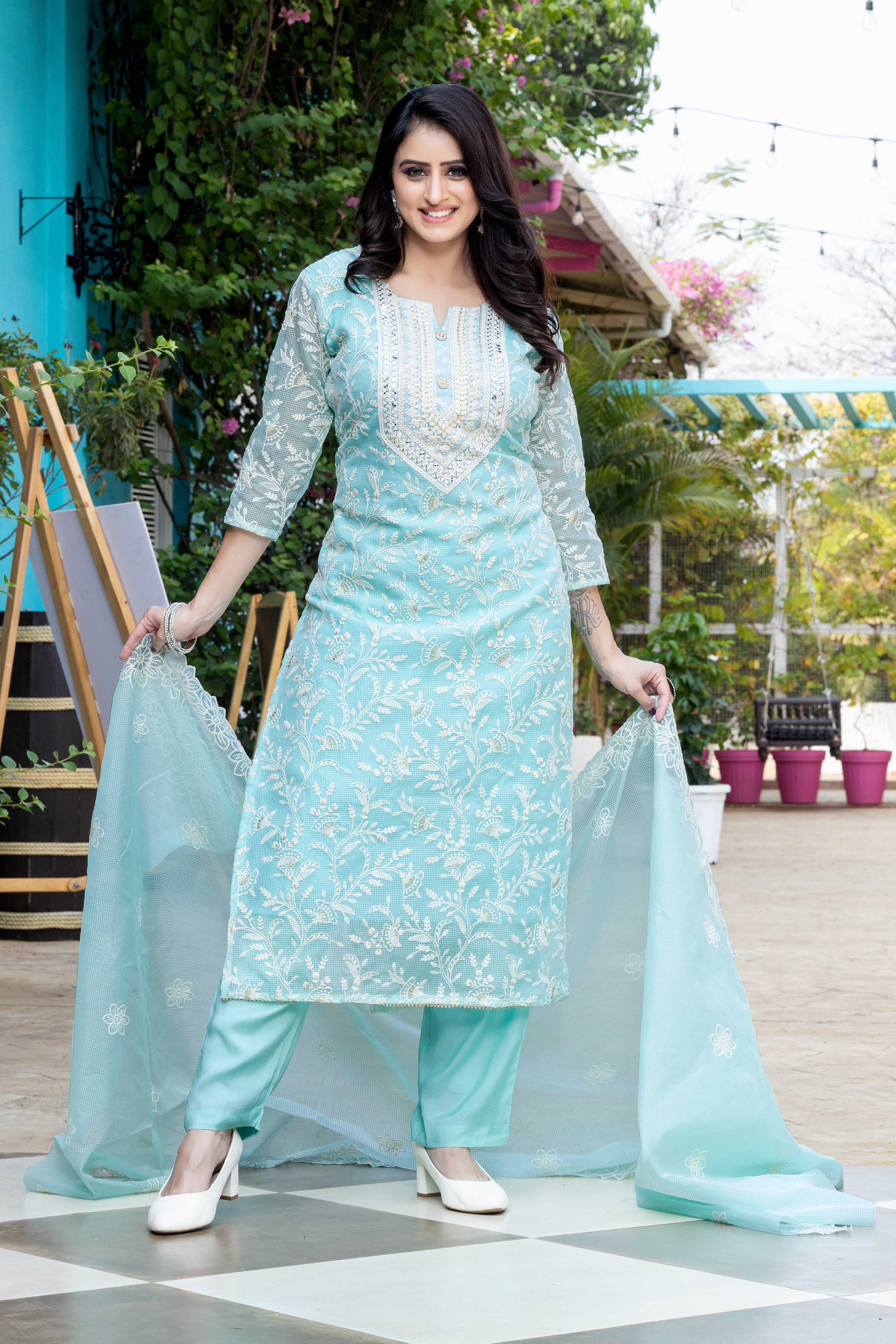 Kota Doria Salwar suit with Chikankari work