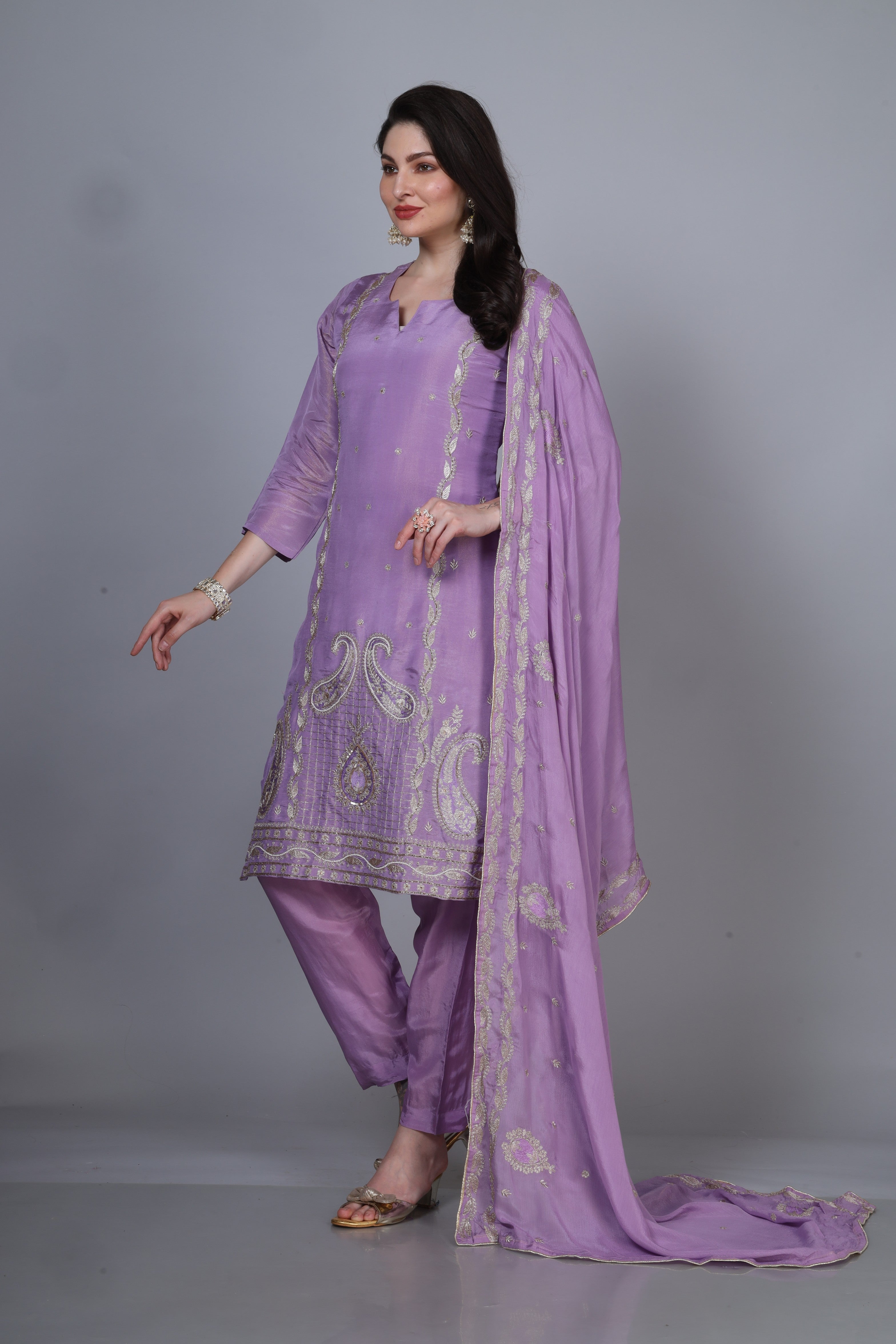 Organza Shimmer Suit with embroidery work Dupatta