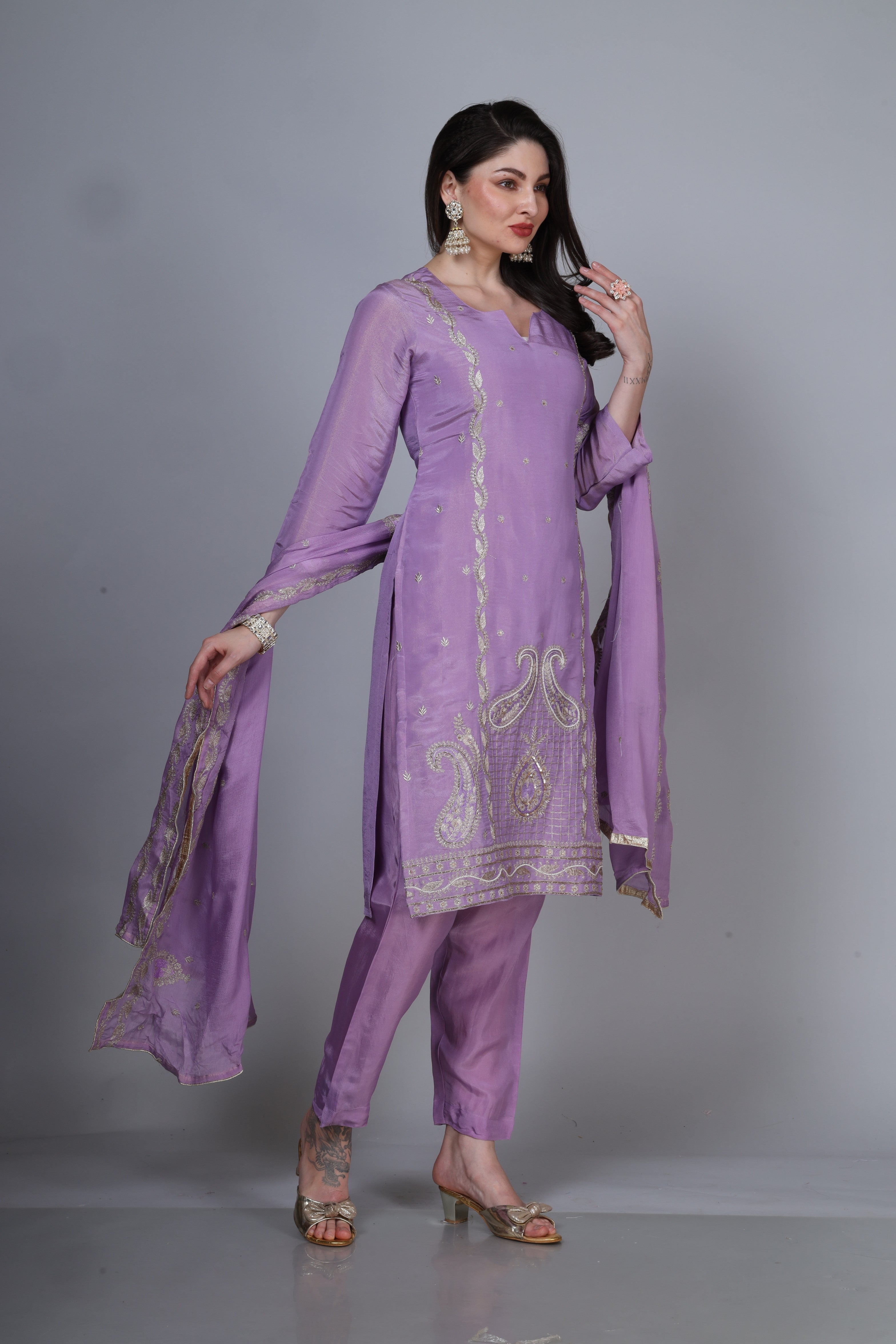 Organza Shimmer Suit with embroidery work Dupatta