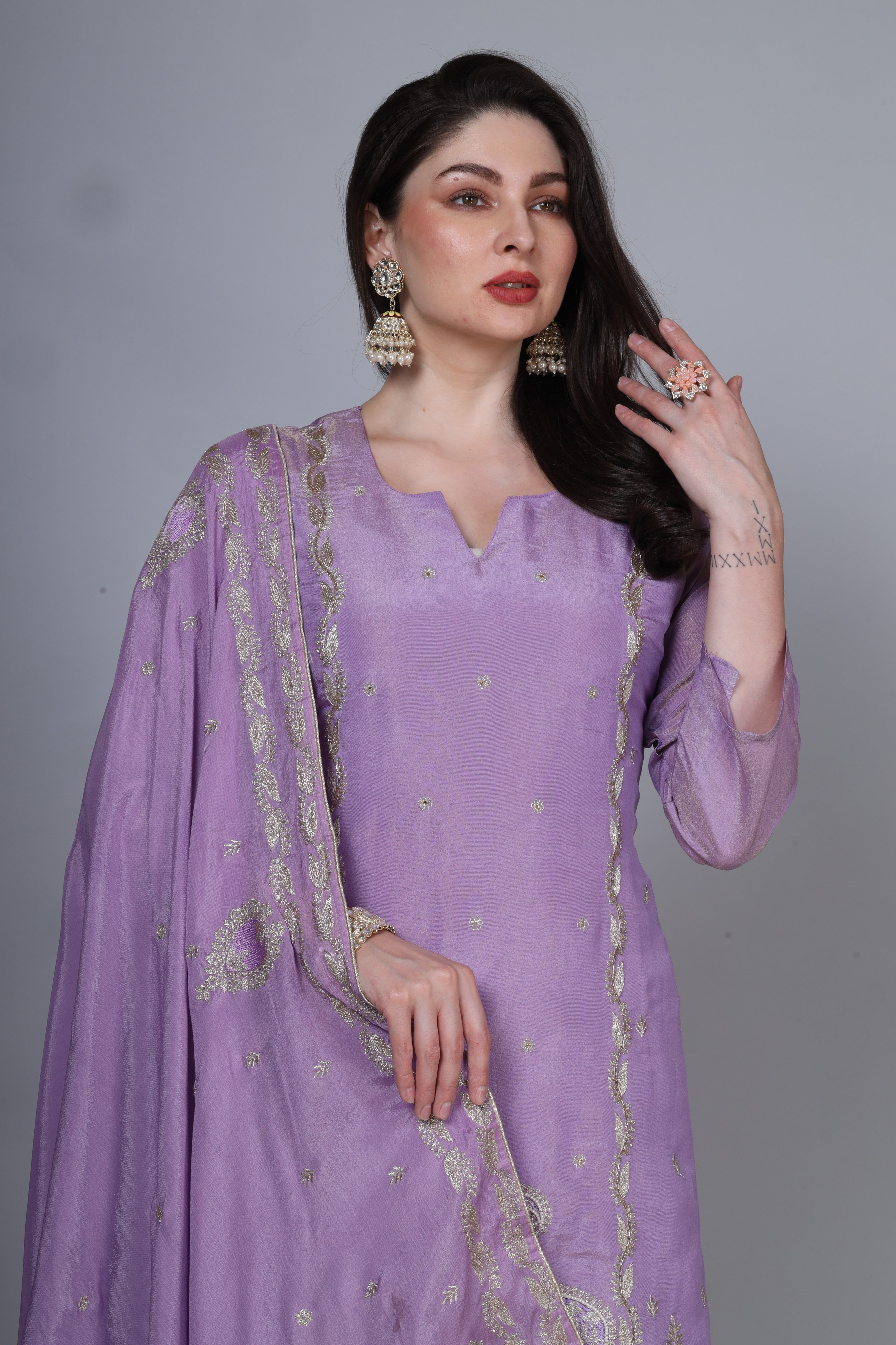 Organza Shimmer Suit with embroidery work Dupatta