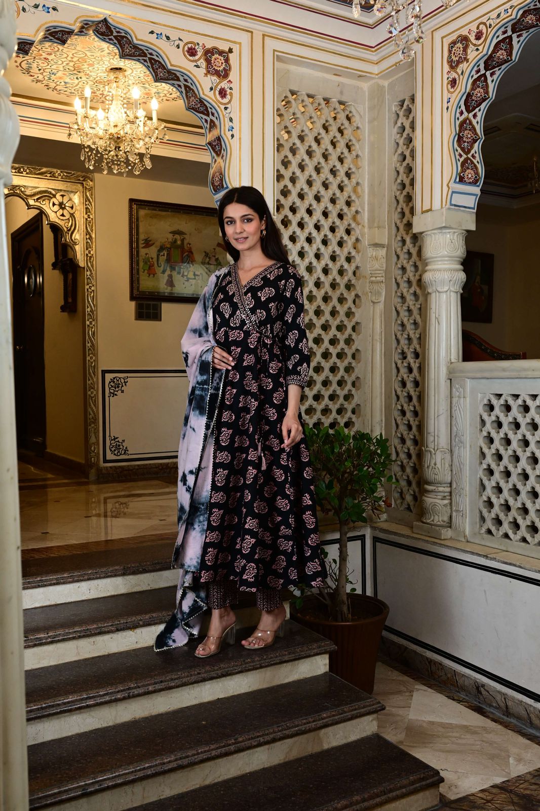 Jaipuri print black Angrakha style 3 piece suit set