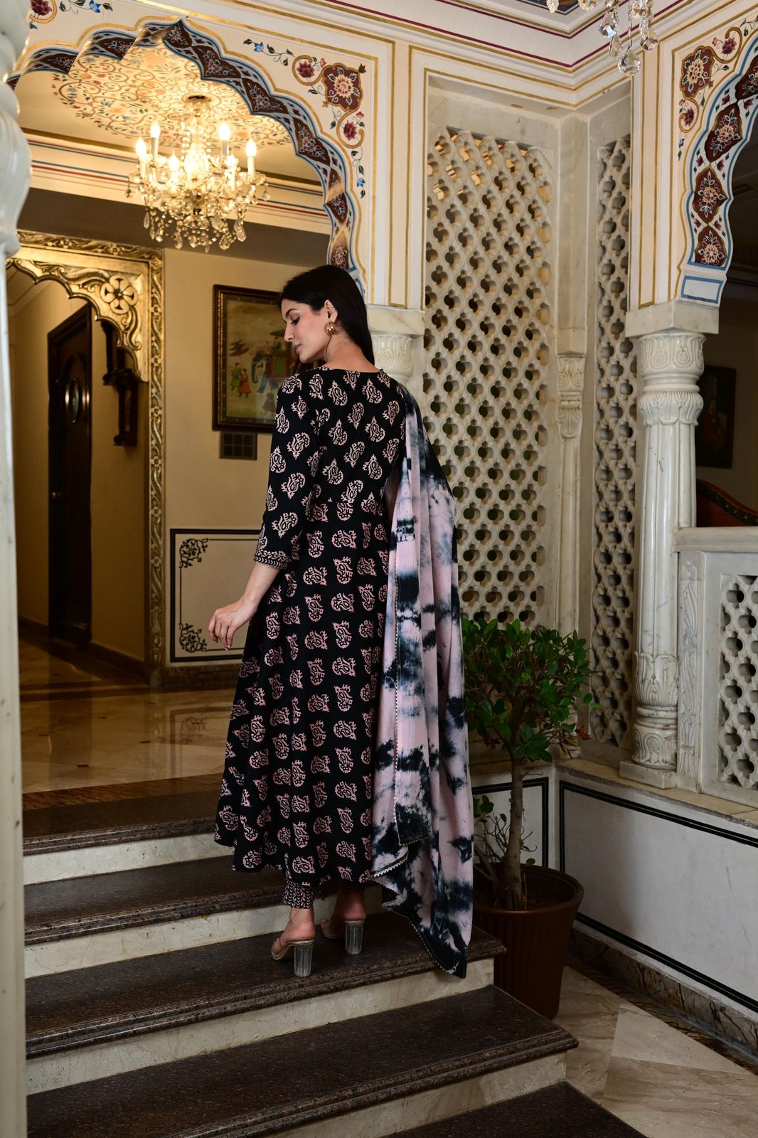 Jaipuri print black Angrakha style 3 piece suit set