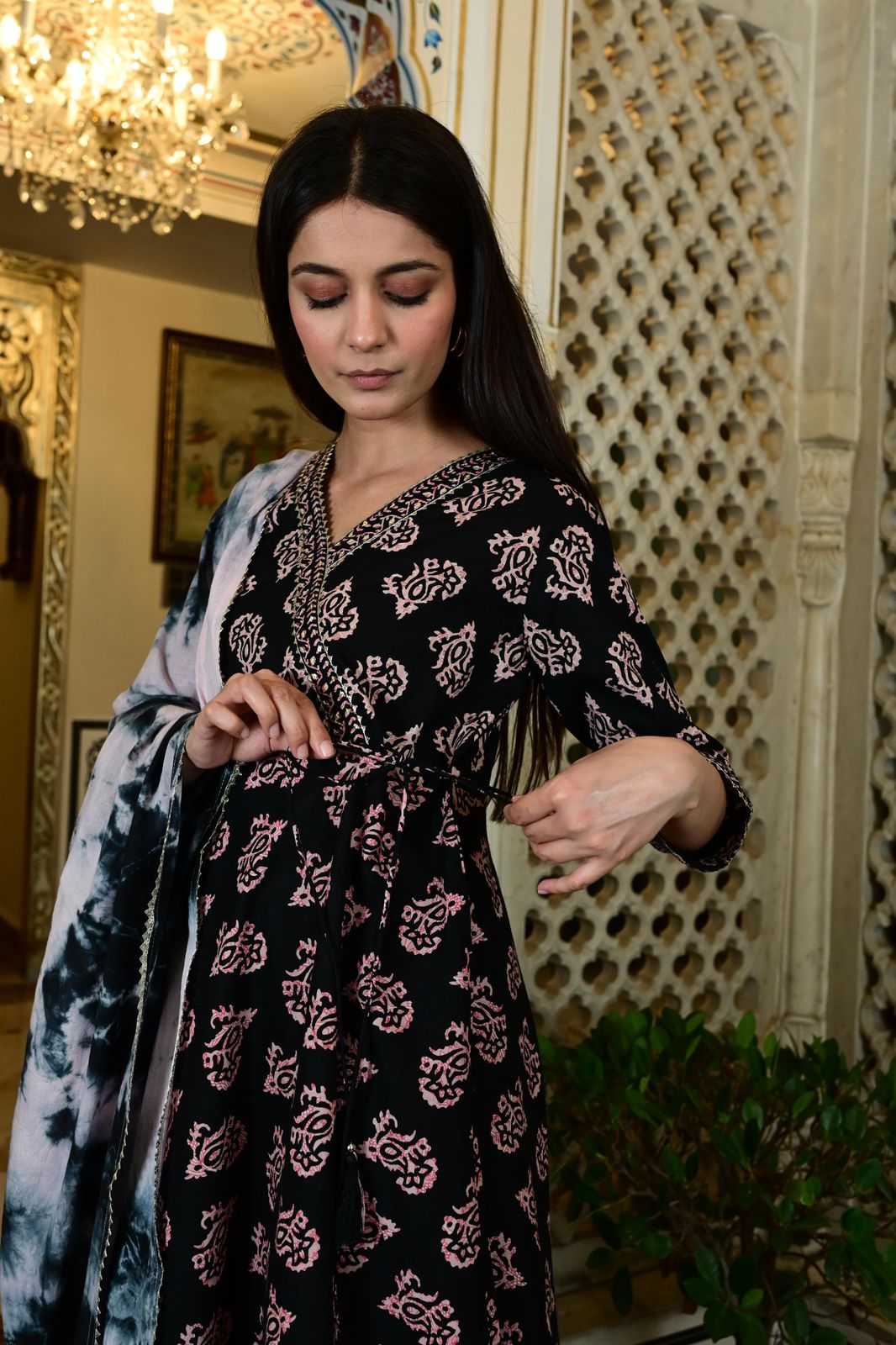 Jaipuri print black Angrakha style 3 piece suit set