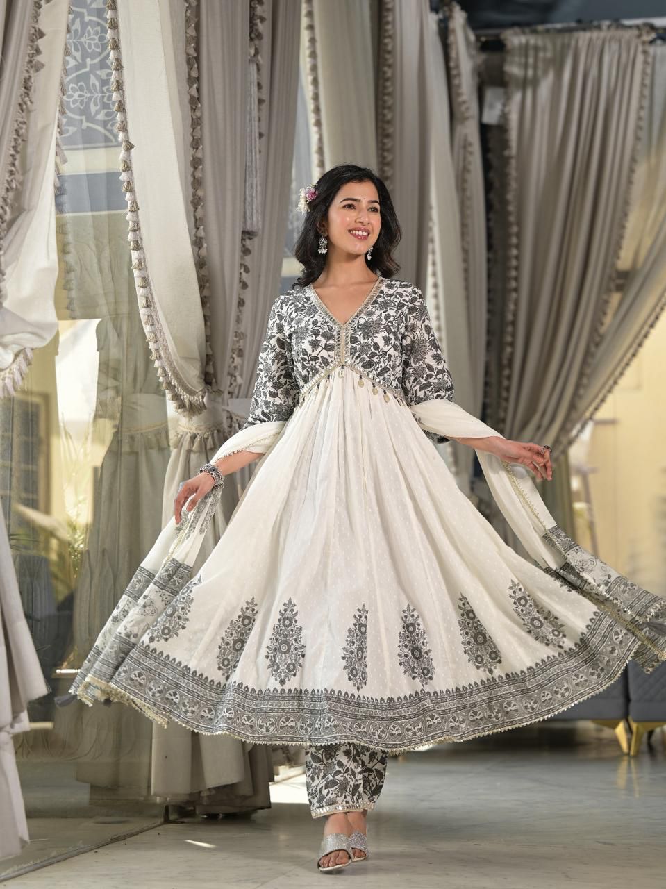 White & Grey Cotton Anarkali suit set