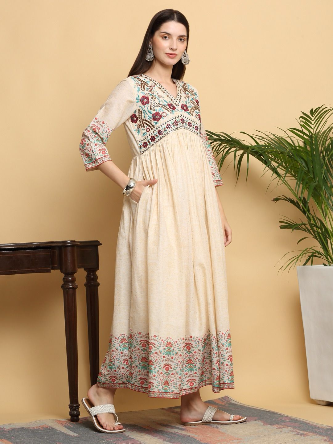 Cream Jaipuri Printed Cotton Maxi Dress with pocket