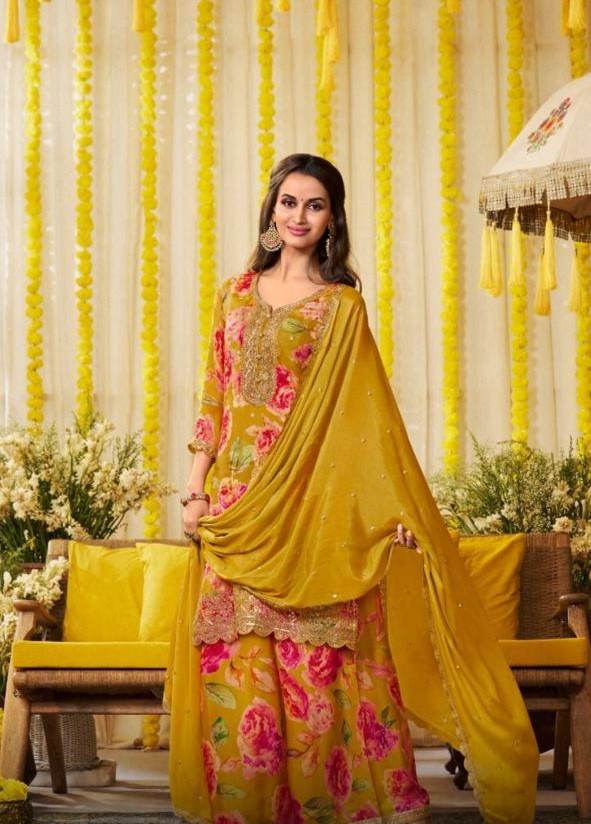Yellow Floral Muslin Palazzo Suit set with Crepe Dupatta