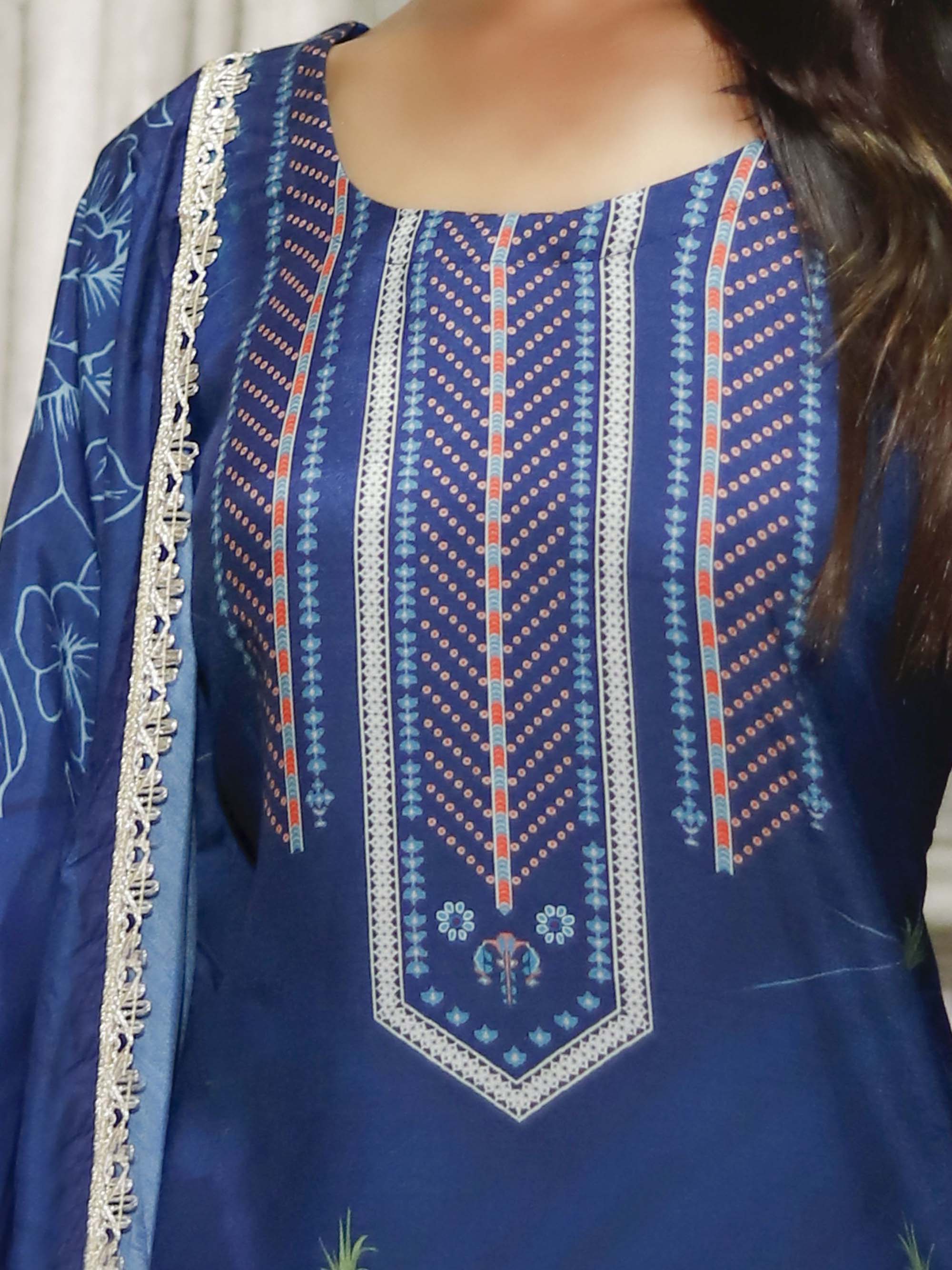 Navy Blue printed Muslin 3 piece Suit set