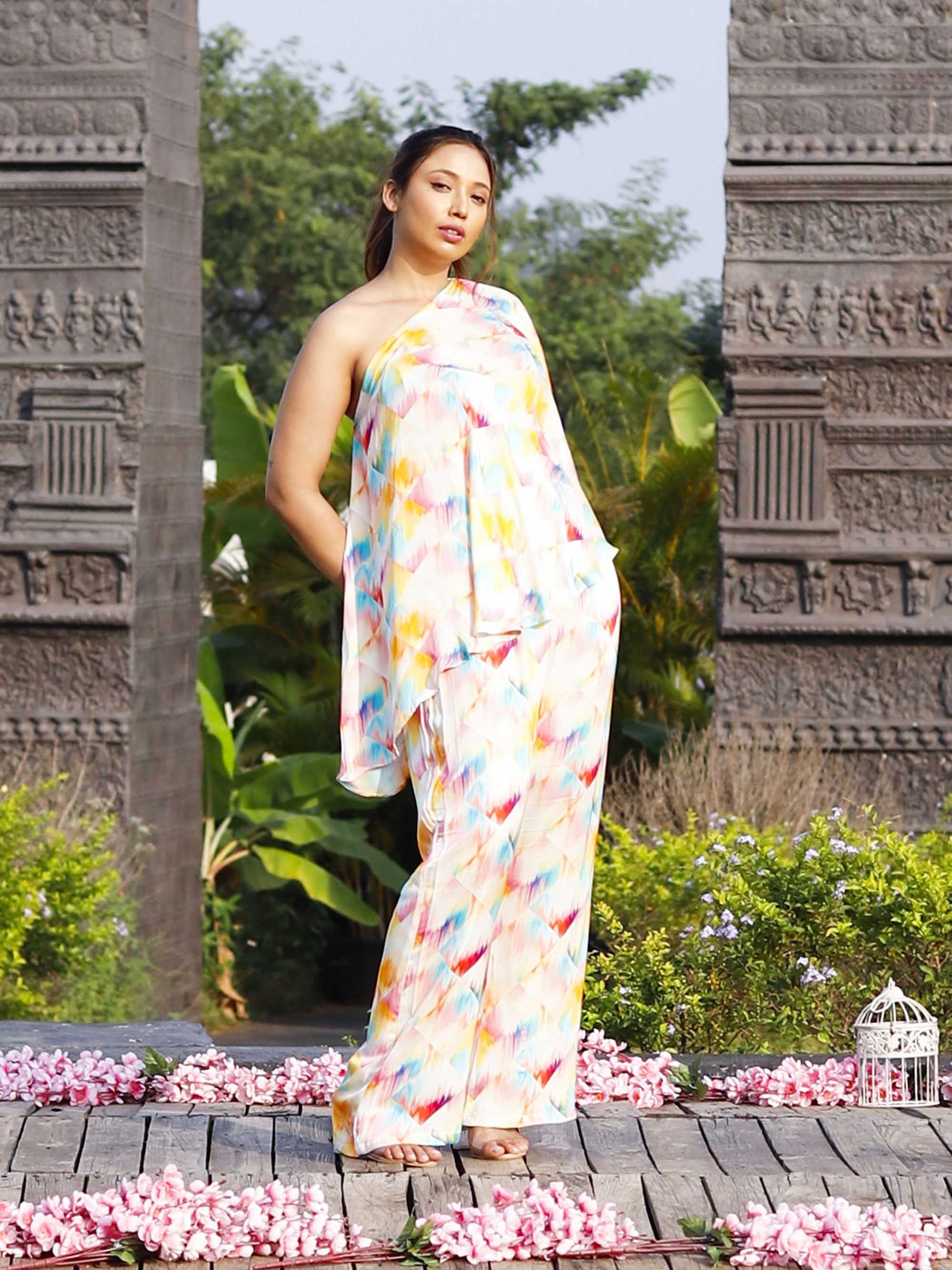 One Shoulder Multi Color Printed Co-ord Set