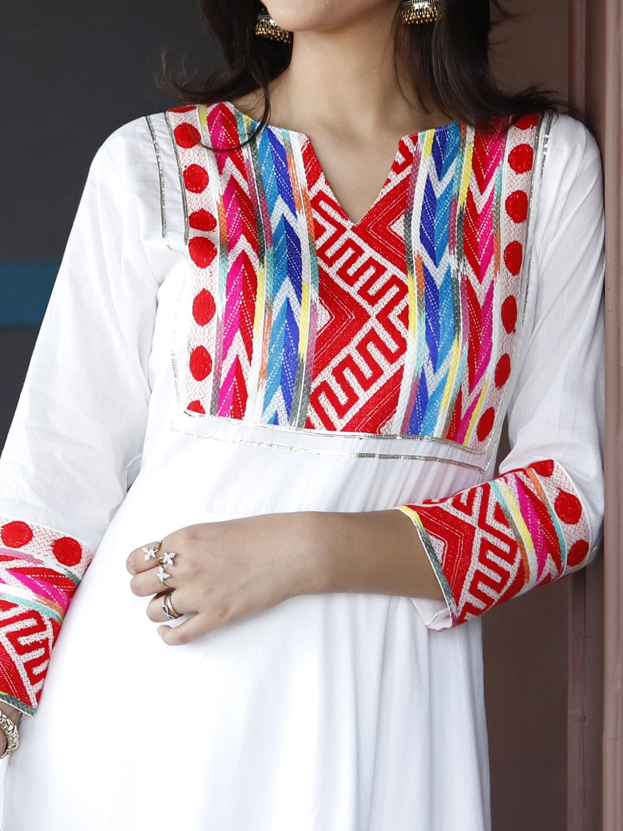 White Anarkali Kurta set with patch work